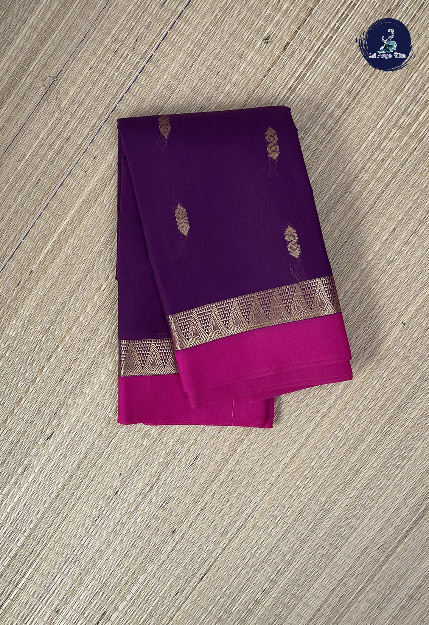Dark Brinjal Semi Silk Cotton Saree With Zari Buttas Pattern