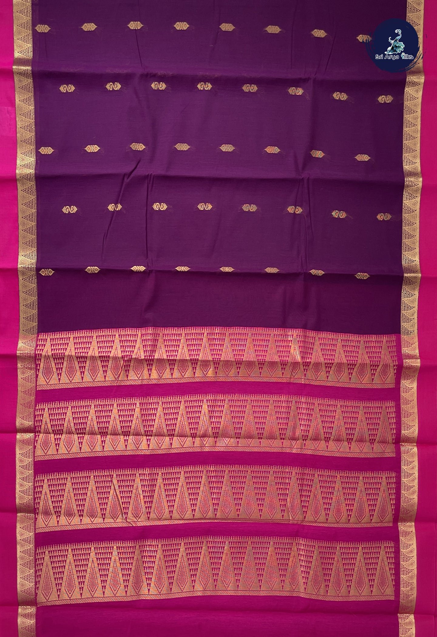 Dark Brinjal Semi Silk Cotton Saree With Zari Buttas Pattern