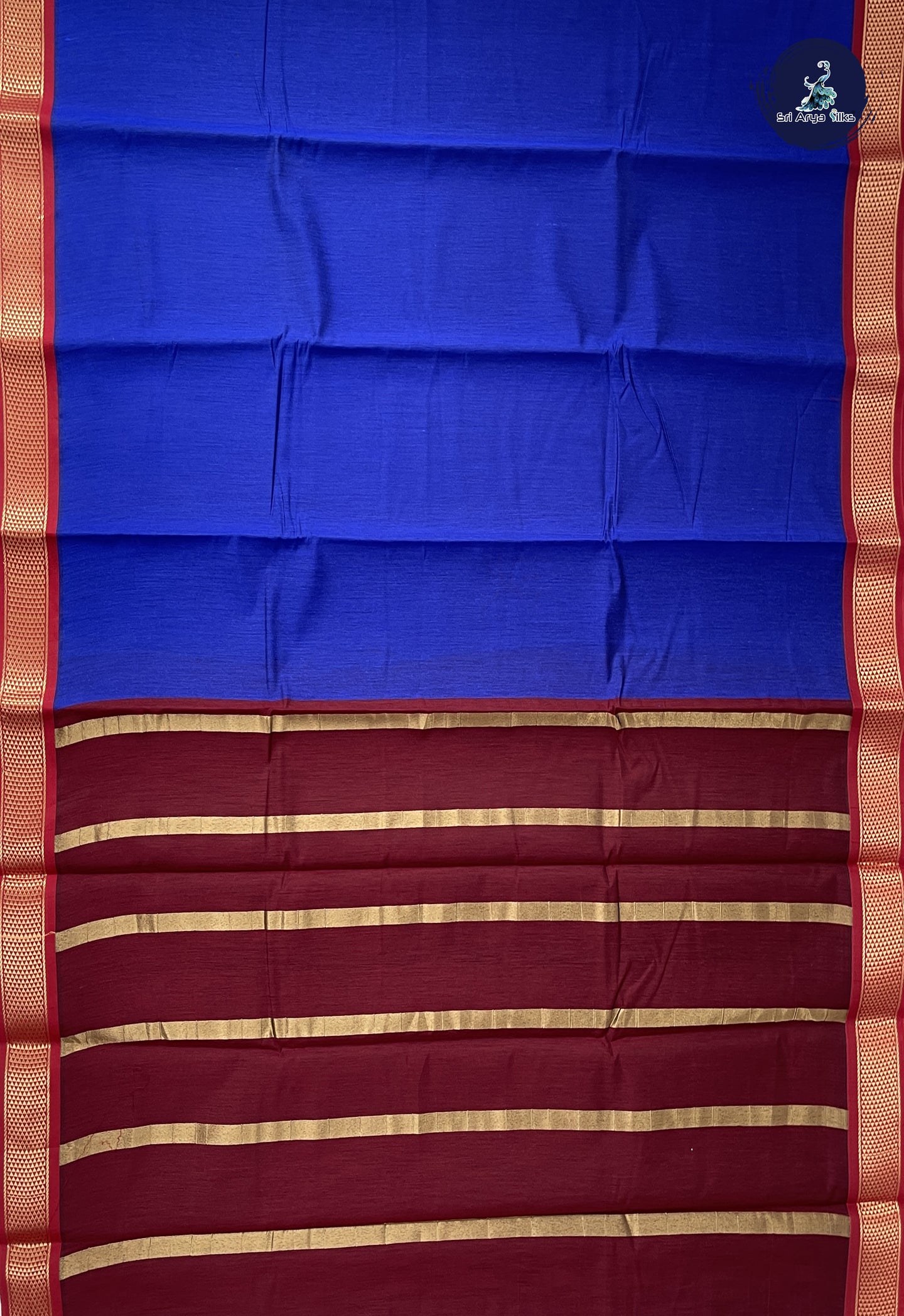 Dark Blue Semi Silk Cotton Saree With Plain Pattern