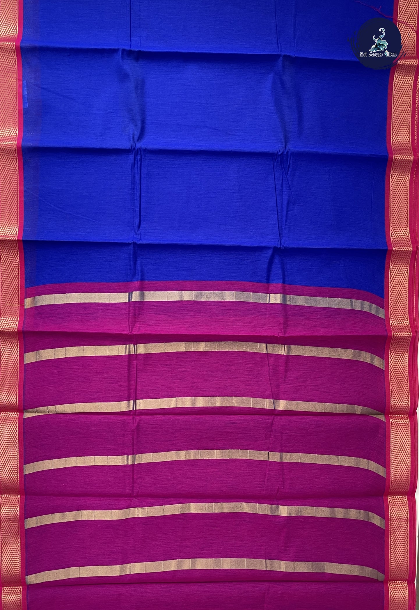 MS Blue Semi Silk Cotton Saree With Plain Pattern