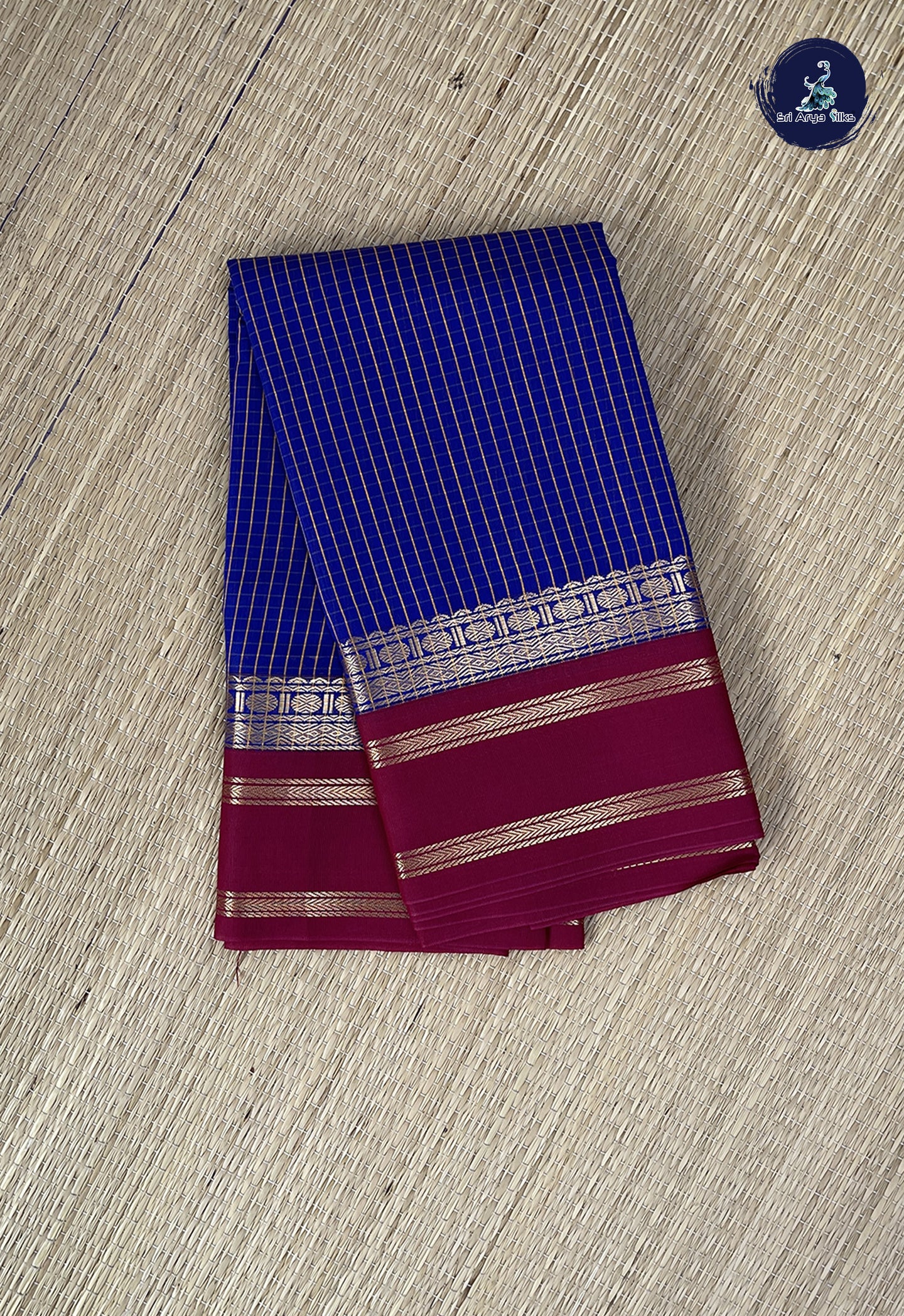 Dark Blue Semi Silk Cotton Saree With Checked Pattern