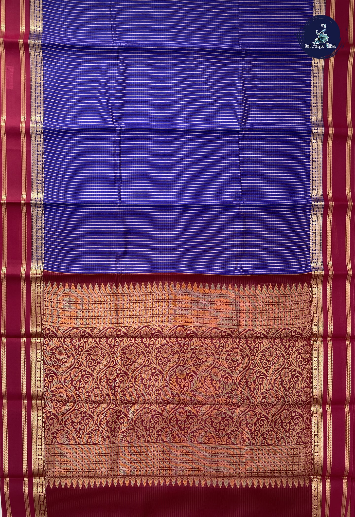 Dark Blue Semi Silk Cotton Saree With Checked Pattern
