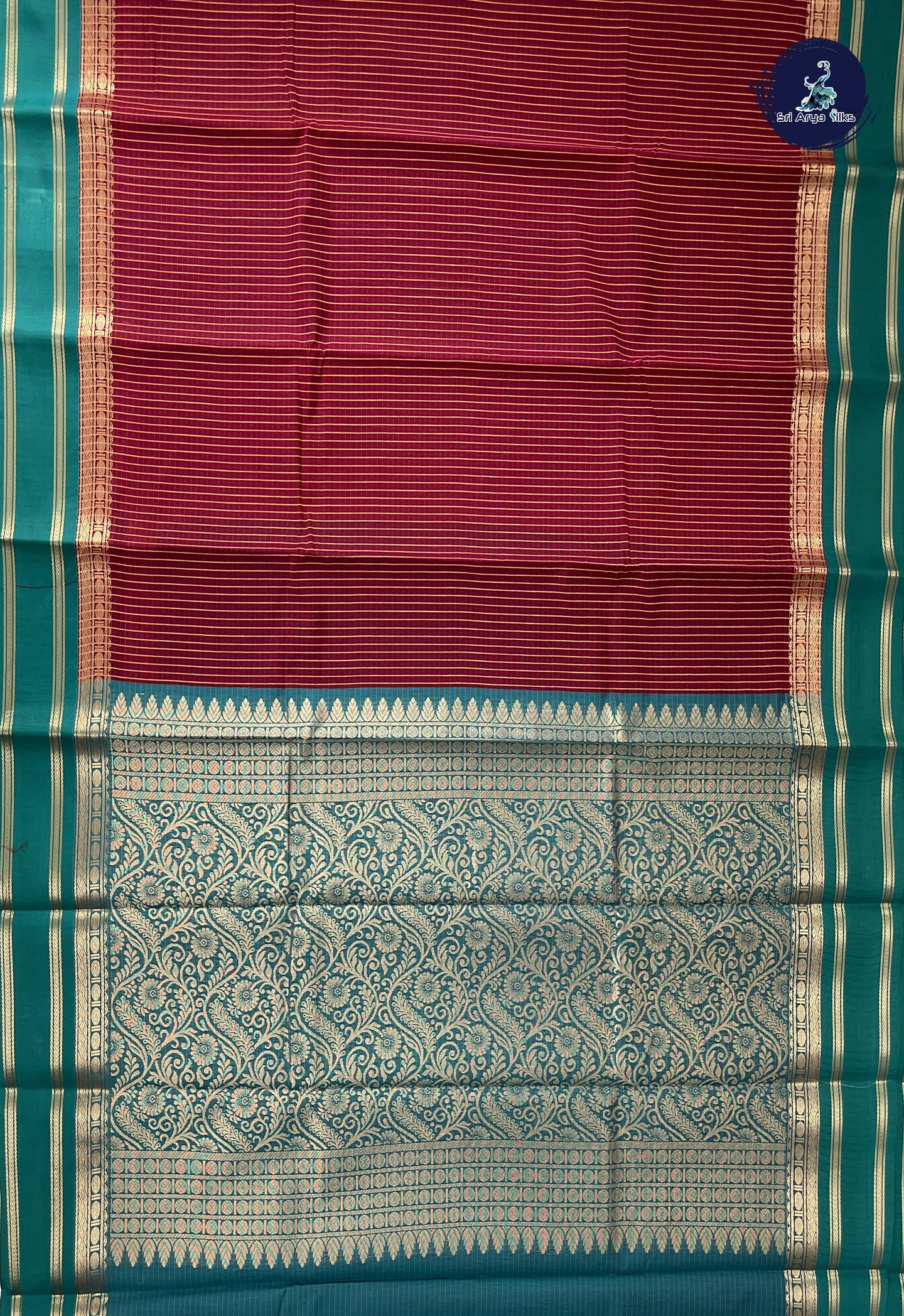 Maroon Semi Silk Cotton Saree With Checked Pattern
