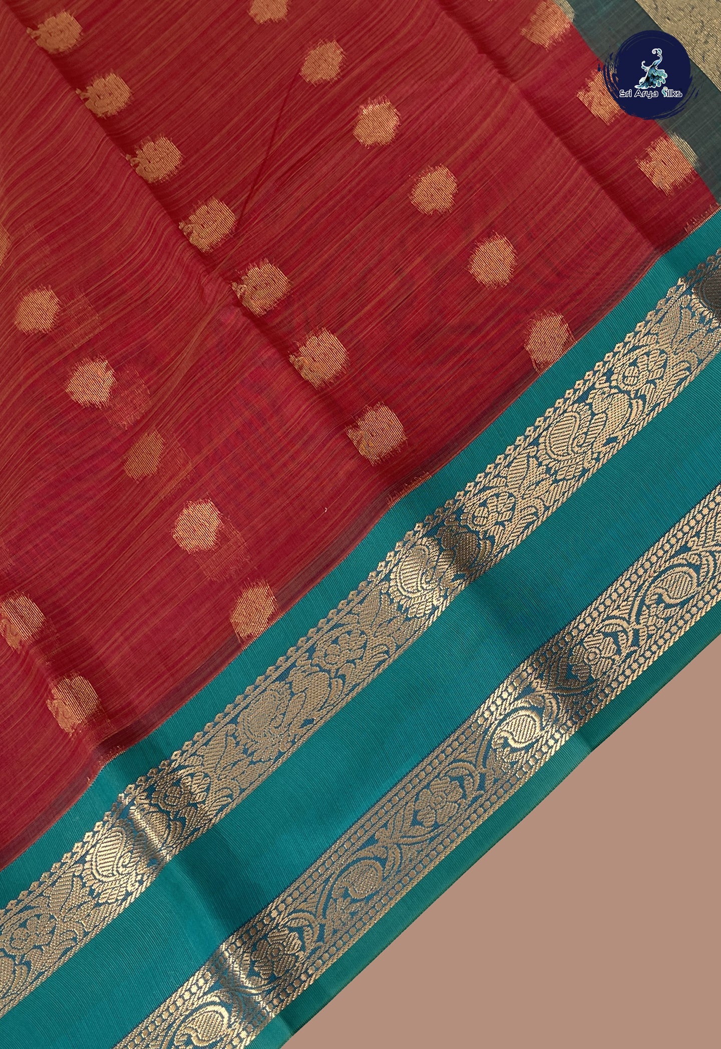 Teracotta Red Semi Silk Cotton Saree With Zari Buttas Pattern
