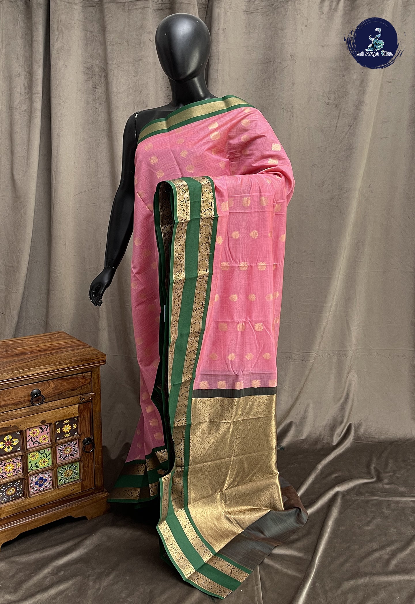 Lotus Pink Semi Silk Cotton Saree With Zari Buttas Pattern