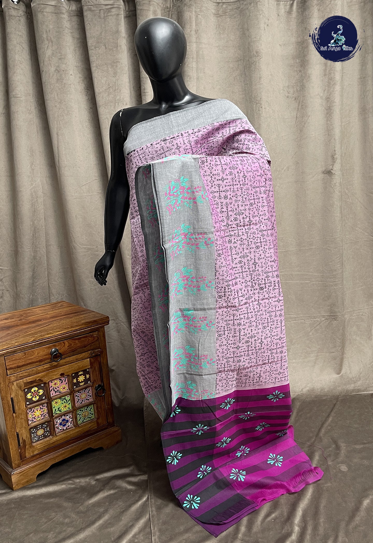 Lavender Cotton Saree With Printed Pattern