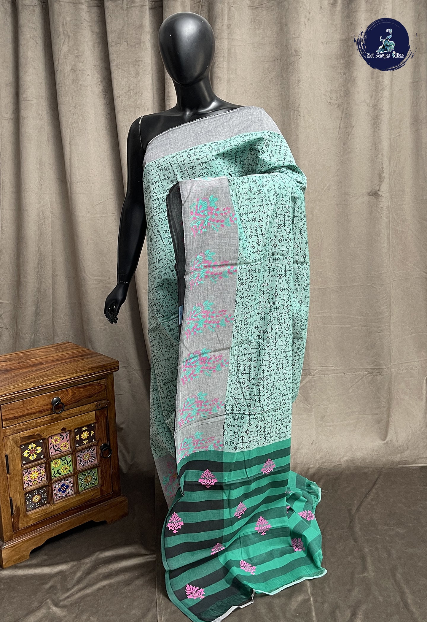 Pastel Green Cotton Saree With Printed Pattern