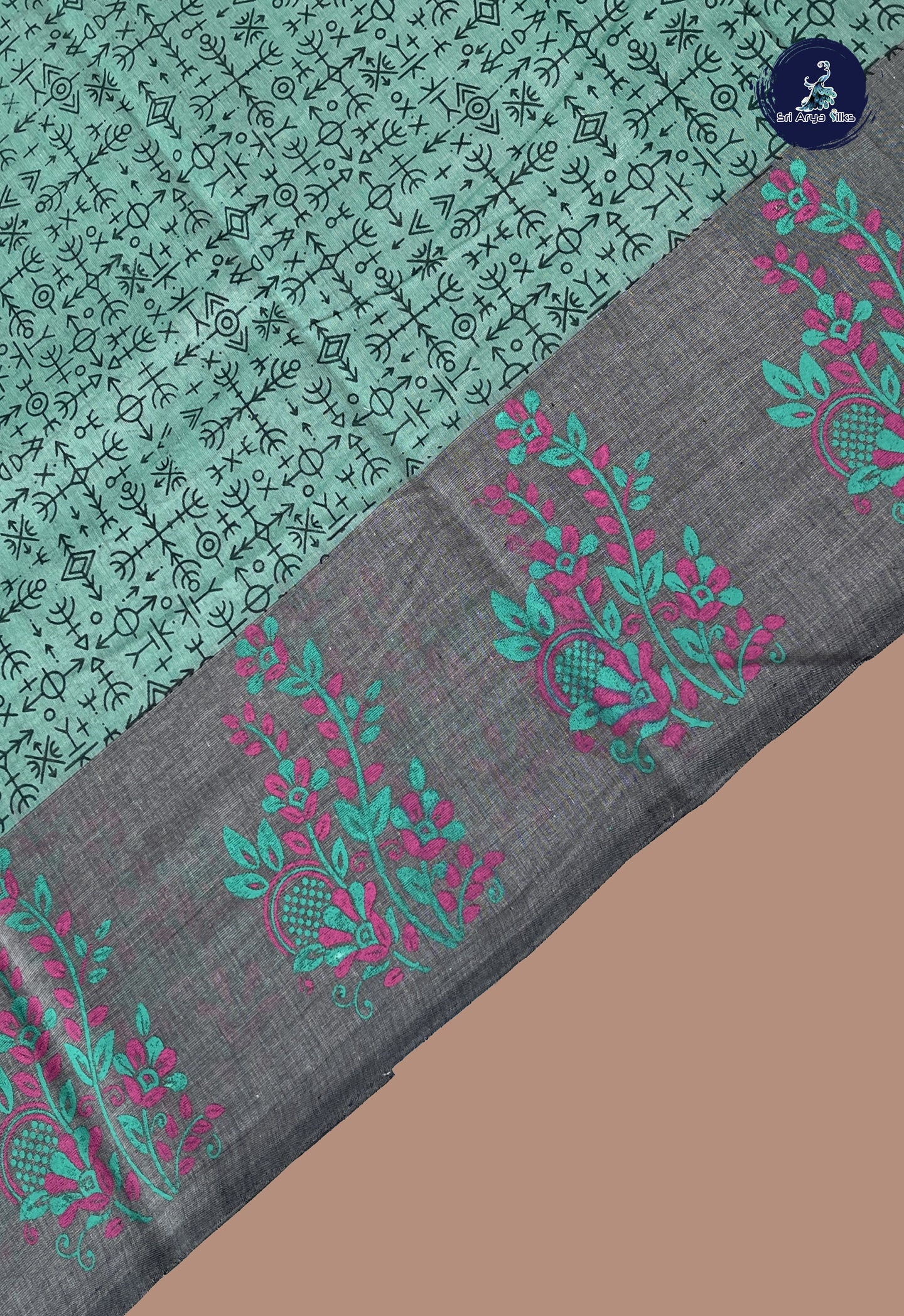 Pastel Green Cotton Saree With Printed Pattern