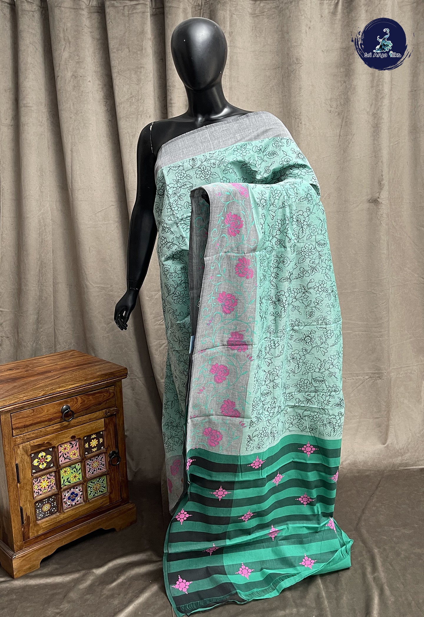 Pastel Green Cotton Saree With Printed Pattern