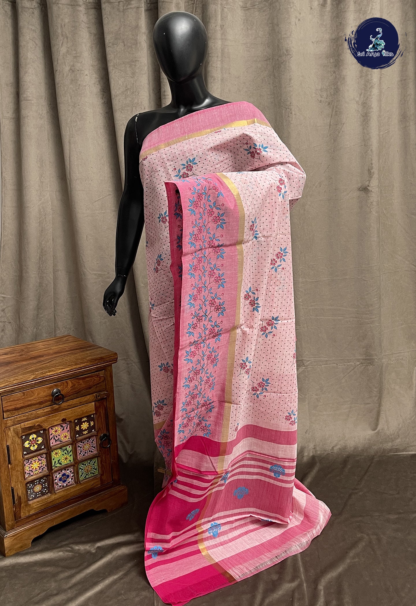 Baby Pink Cotton Saree With Printed Pattern