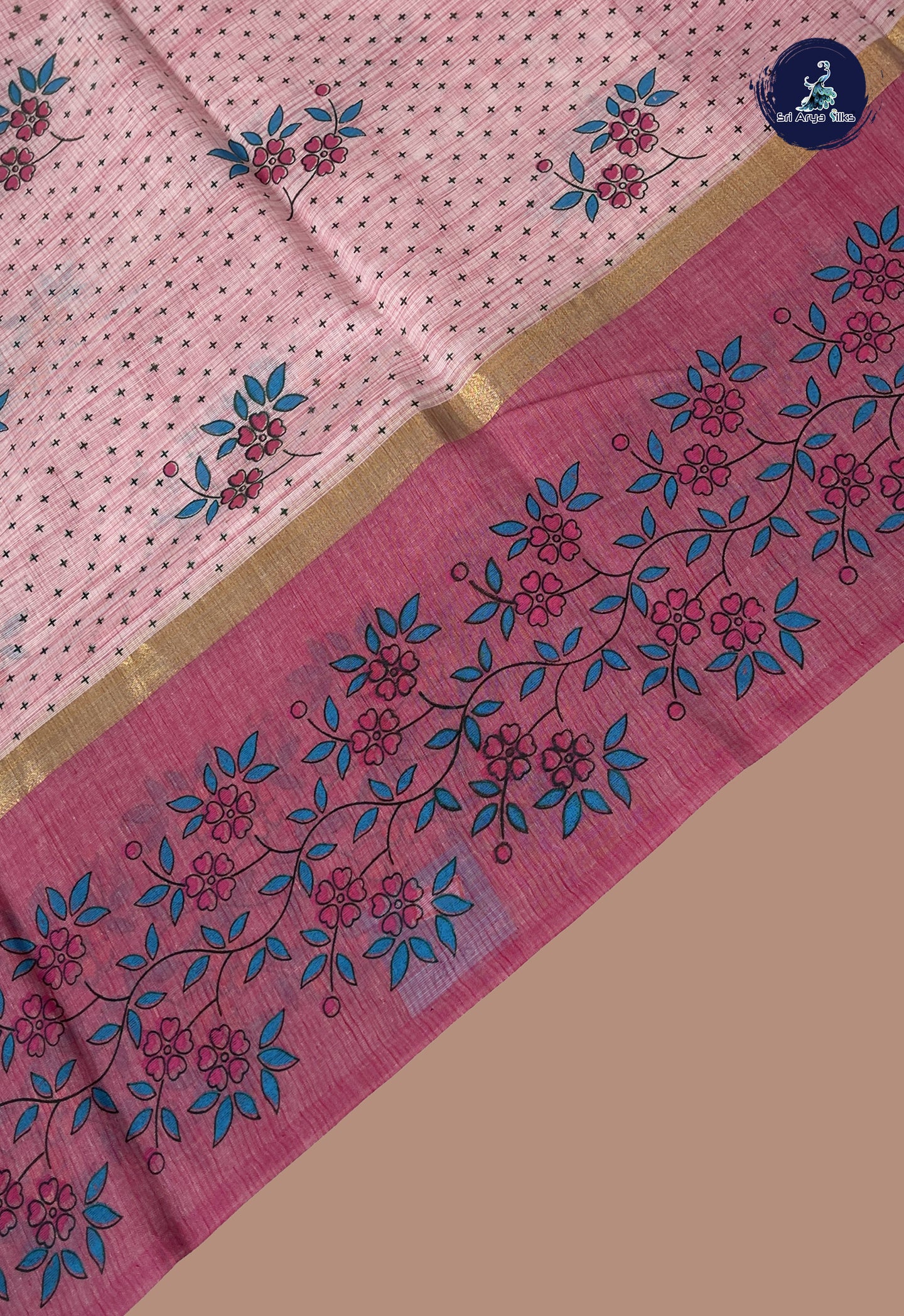 Baby Pink Cotton Saree With Printed Pattern