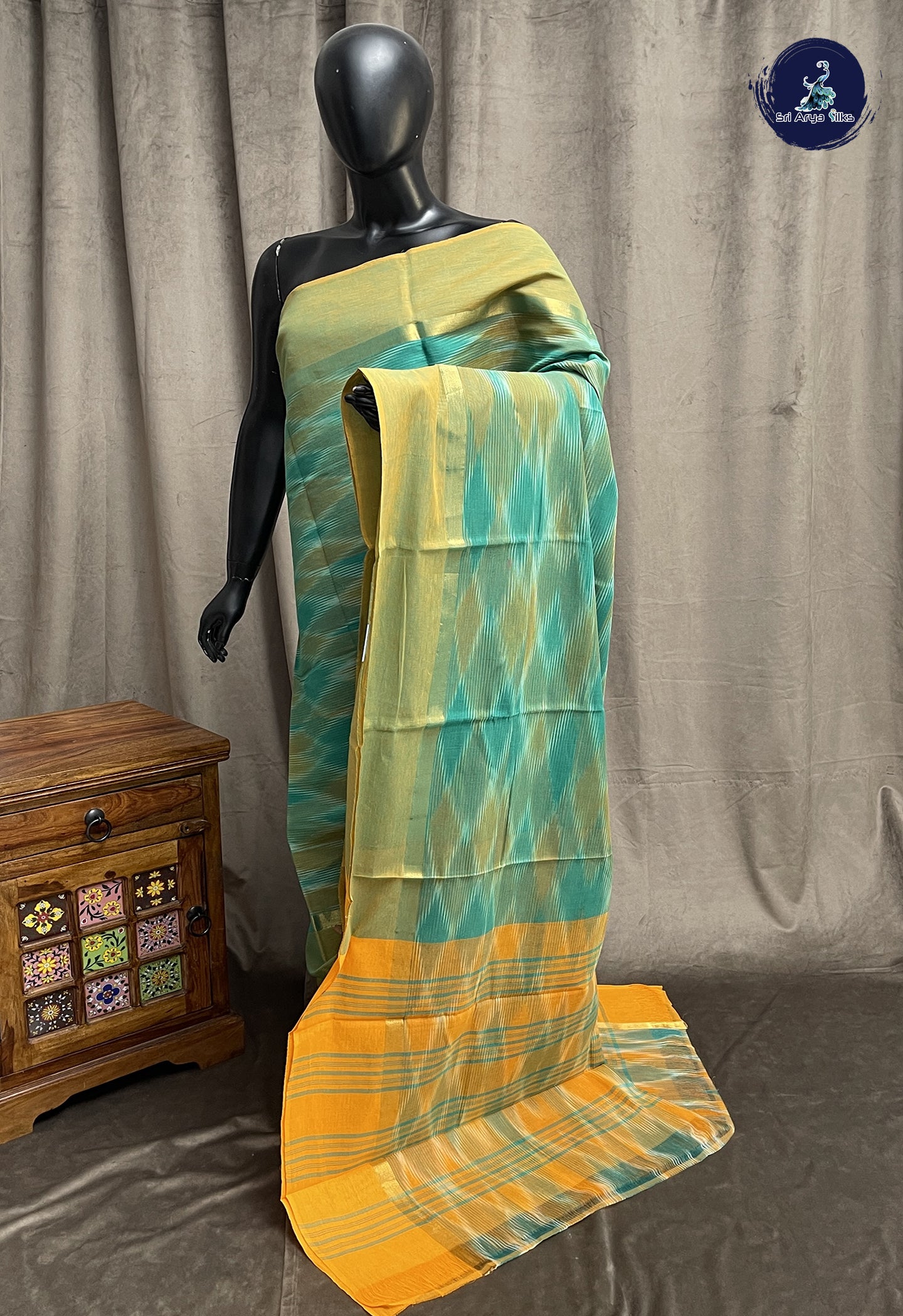 Teal Pochampally Saree With Ikat Pattern