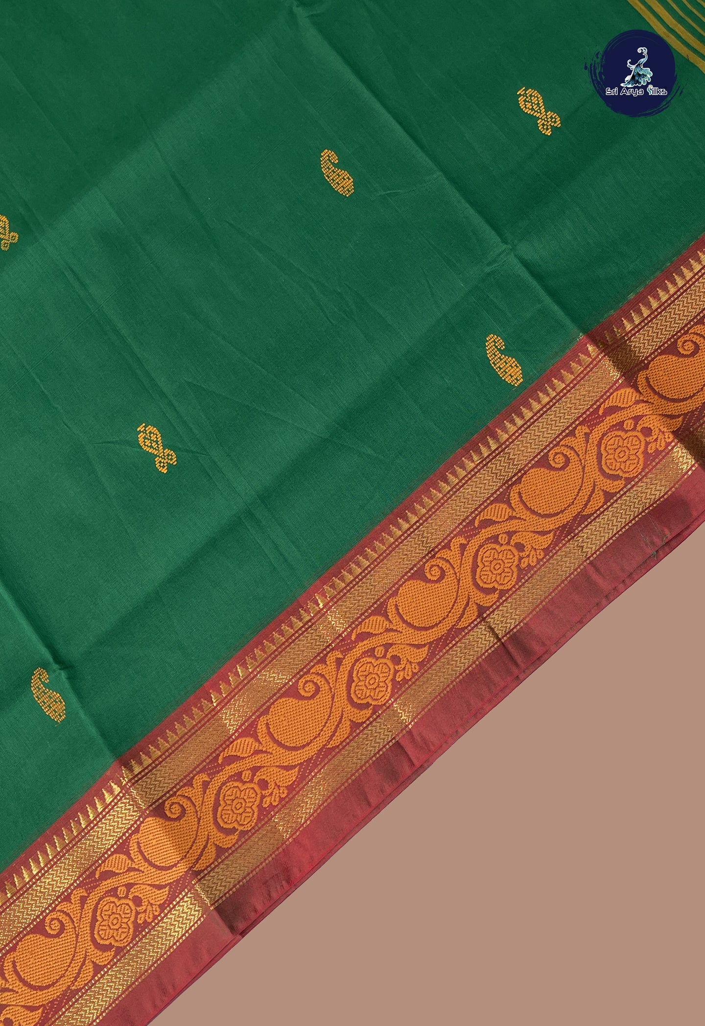Dark Green Chettinad Cotton Saree With Buttas Pattern