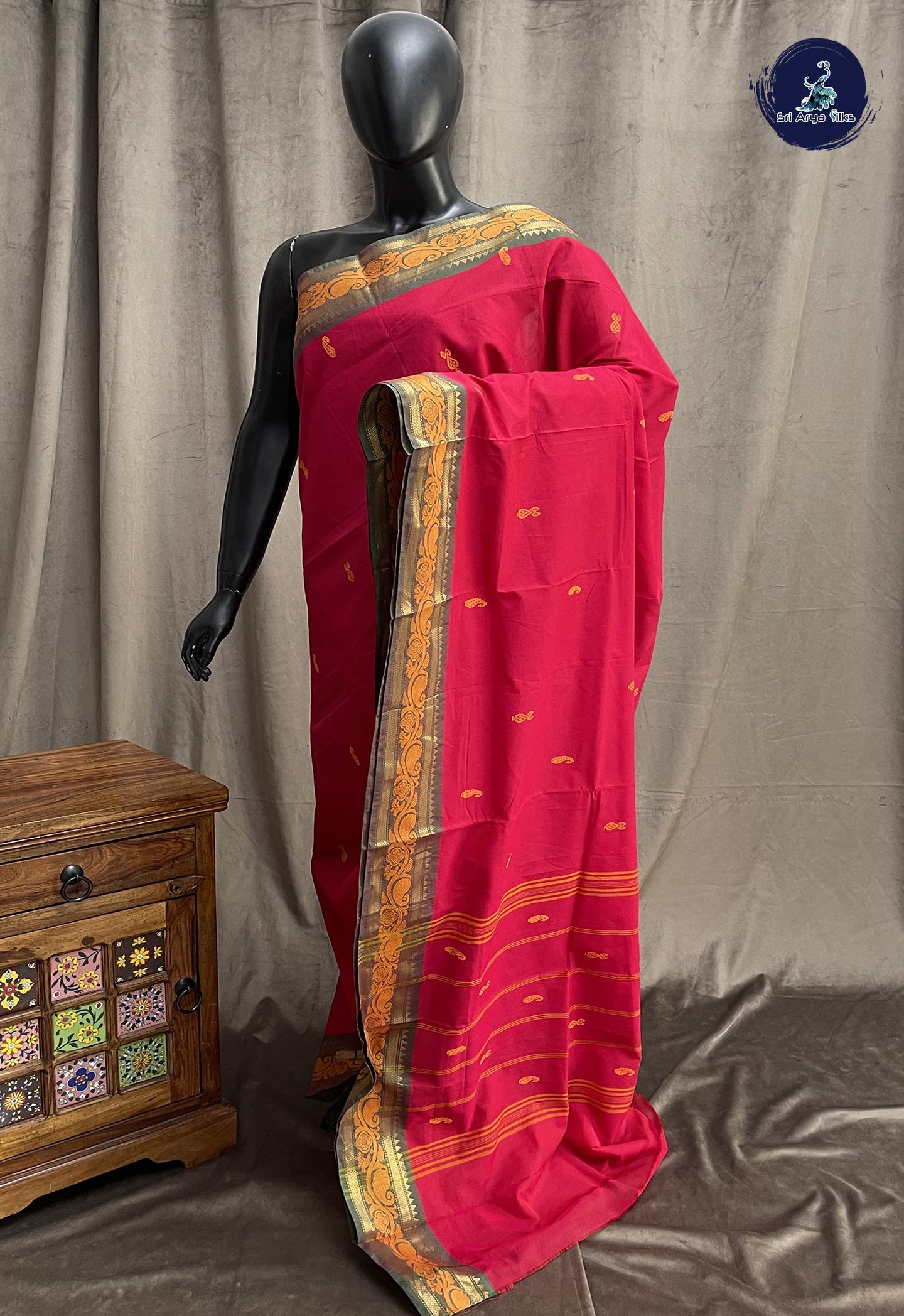 Red Chettinad Cotton Saree With Buttas Pattern