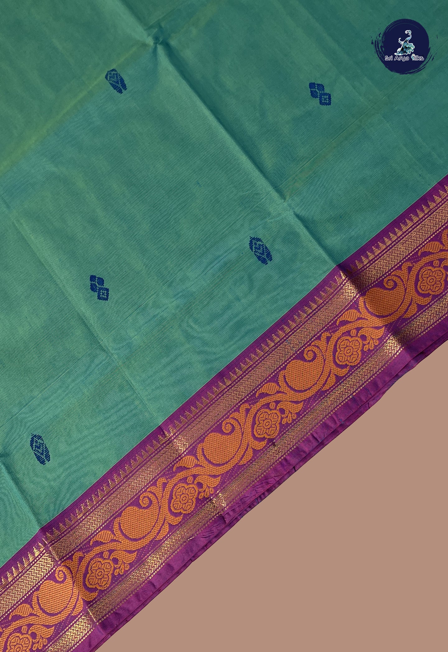 Bluish Green Chettinad Cotton Saree With Buttas Pattern