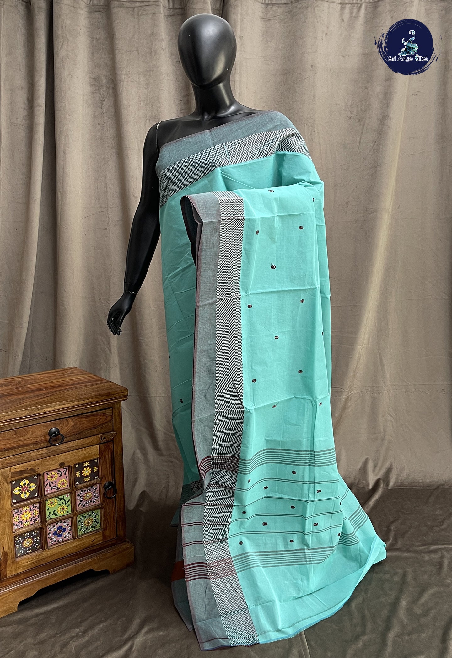 Blue Chettinad Cotton Saree With Buttas Pattern