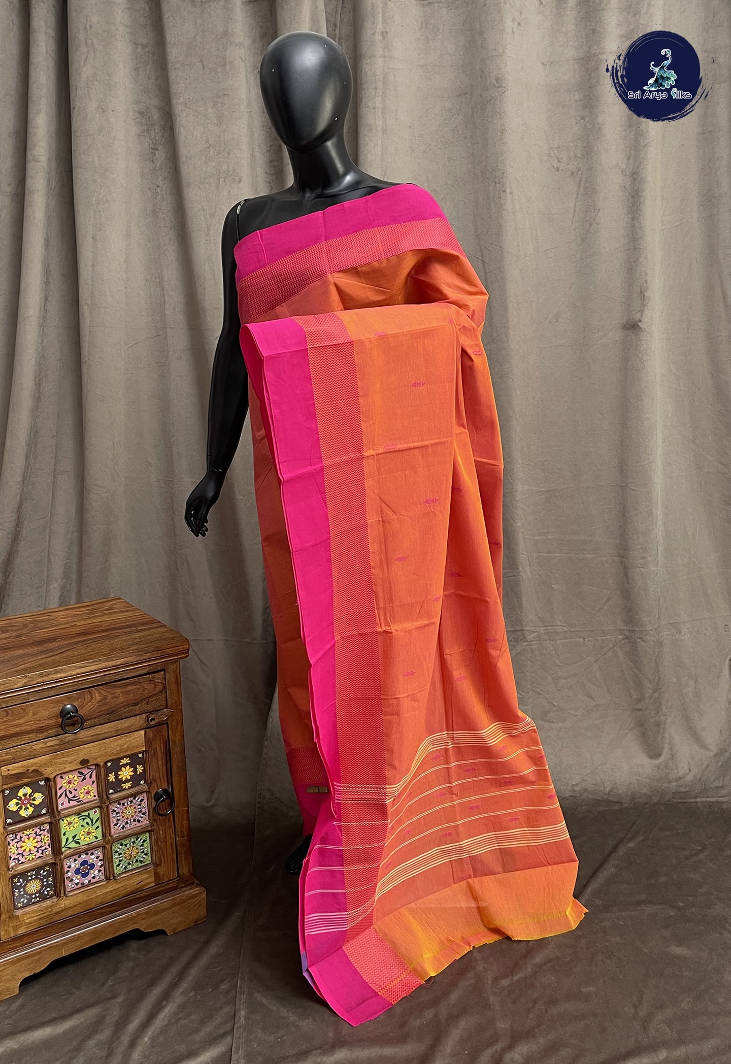 Pinkish Orange Chettinad Cotton Saree With Buttas Pattern