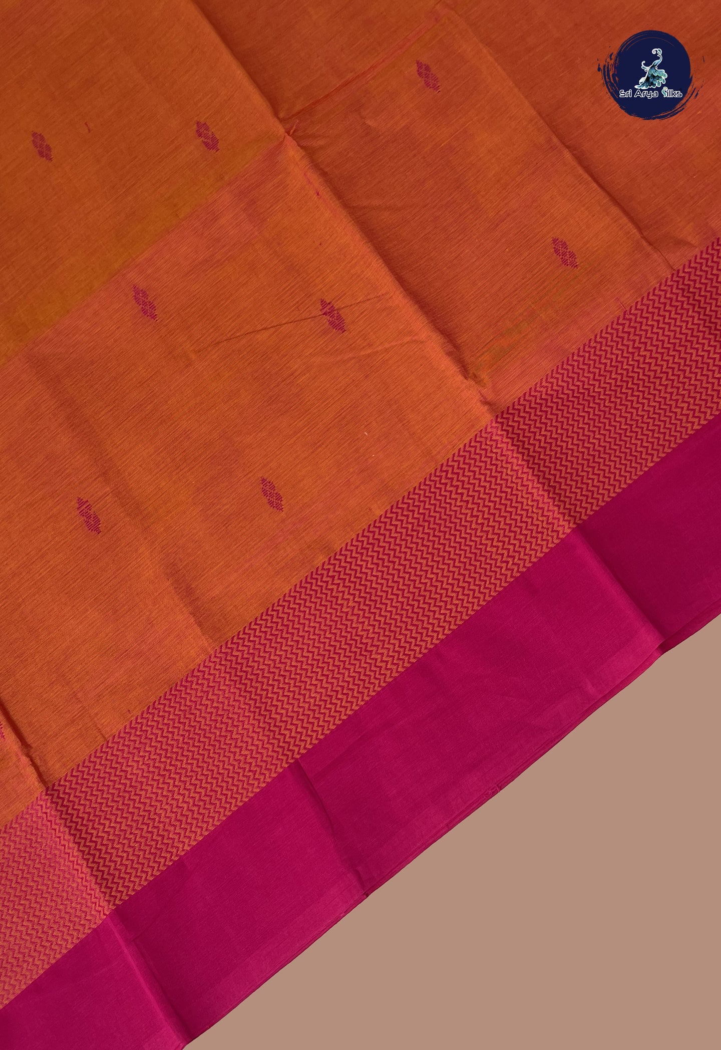 Pinkish Orange Chettinad Cotton Saree With Buttas Pattern