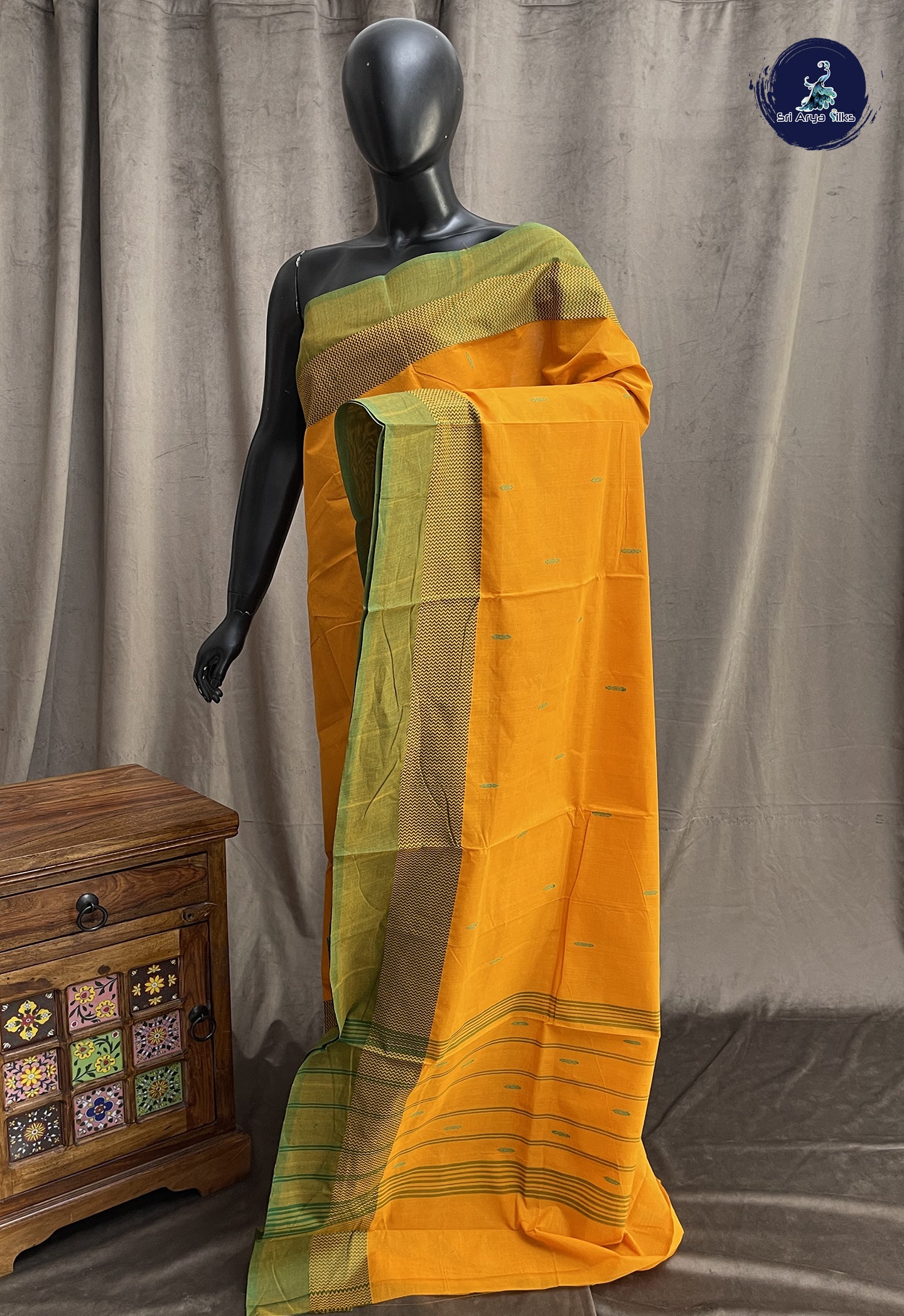 Yellow Chettinad Cotton Saree With Buttas Pattern