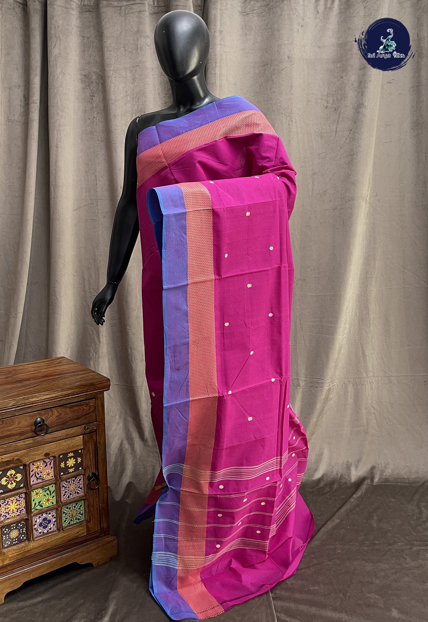 Magenta Chettinad Cotton Saree With Buttas Pattern