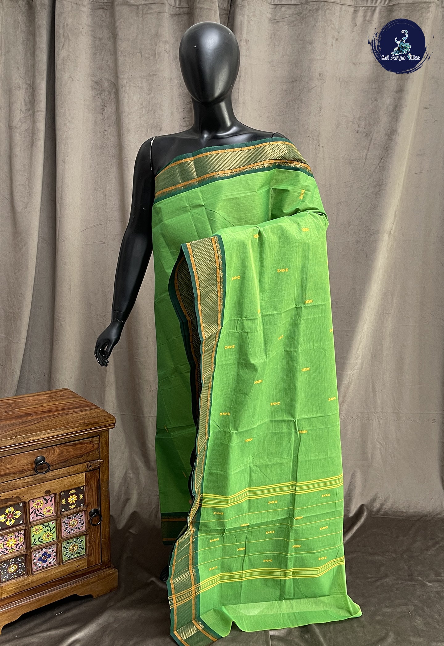 Light Green Chettinad Cotton Saree With Buttas Pattern