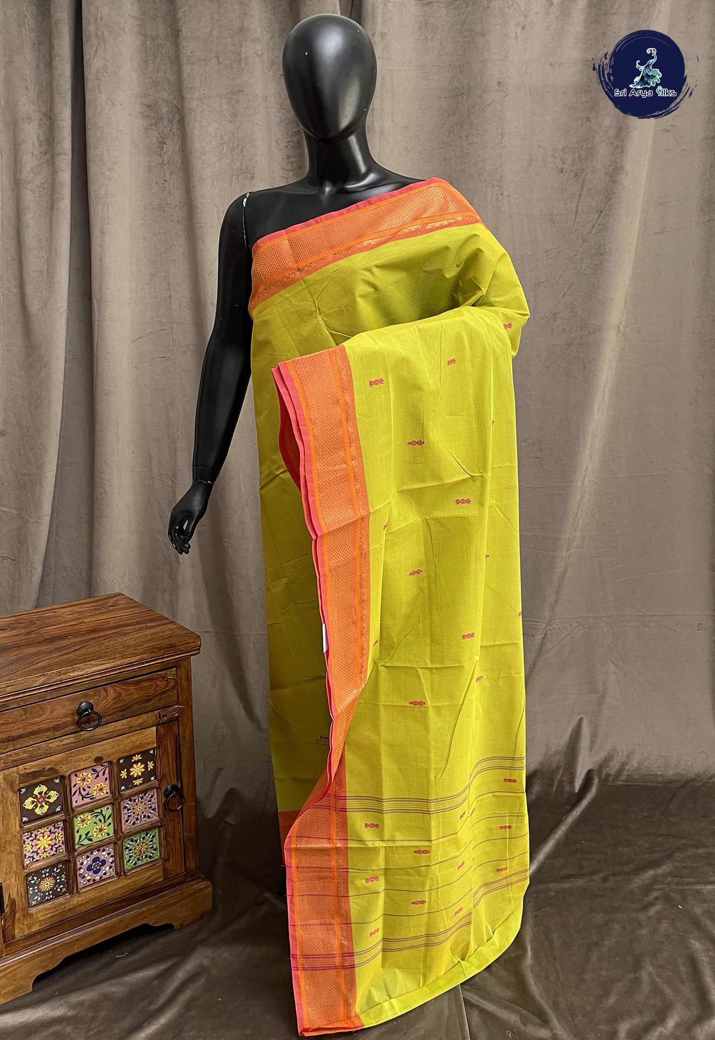 Yellowish Green Chettinad Cotton Saree With Buttas Pattern