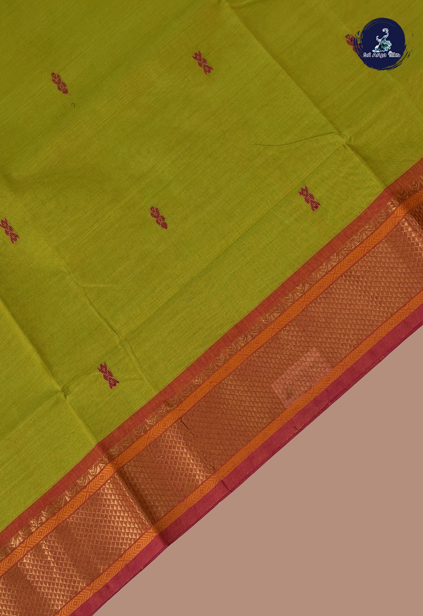 Yellowish Green Chettinad Cotton Saree With Buttas Pattern