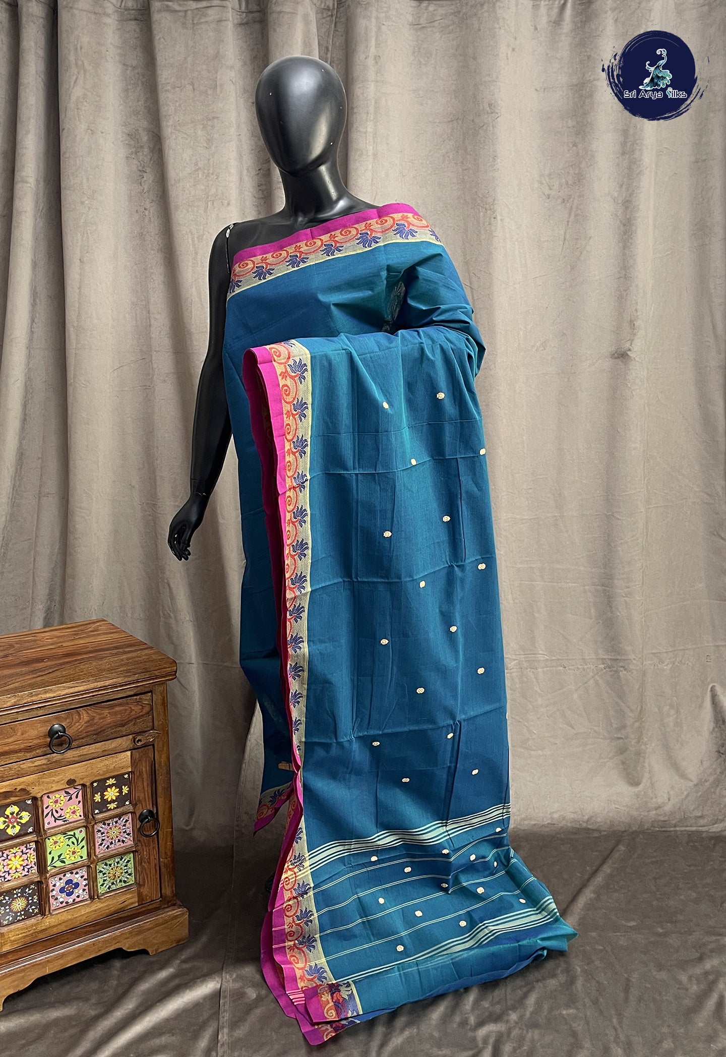 Sapphire Blue Chettinad Cotton Saree With Buttas Pattern