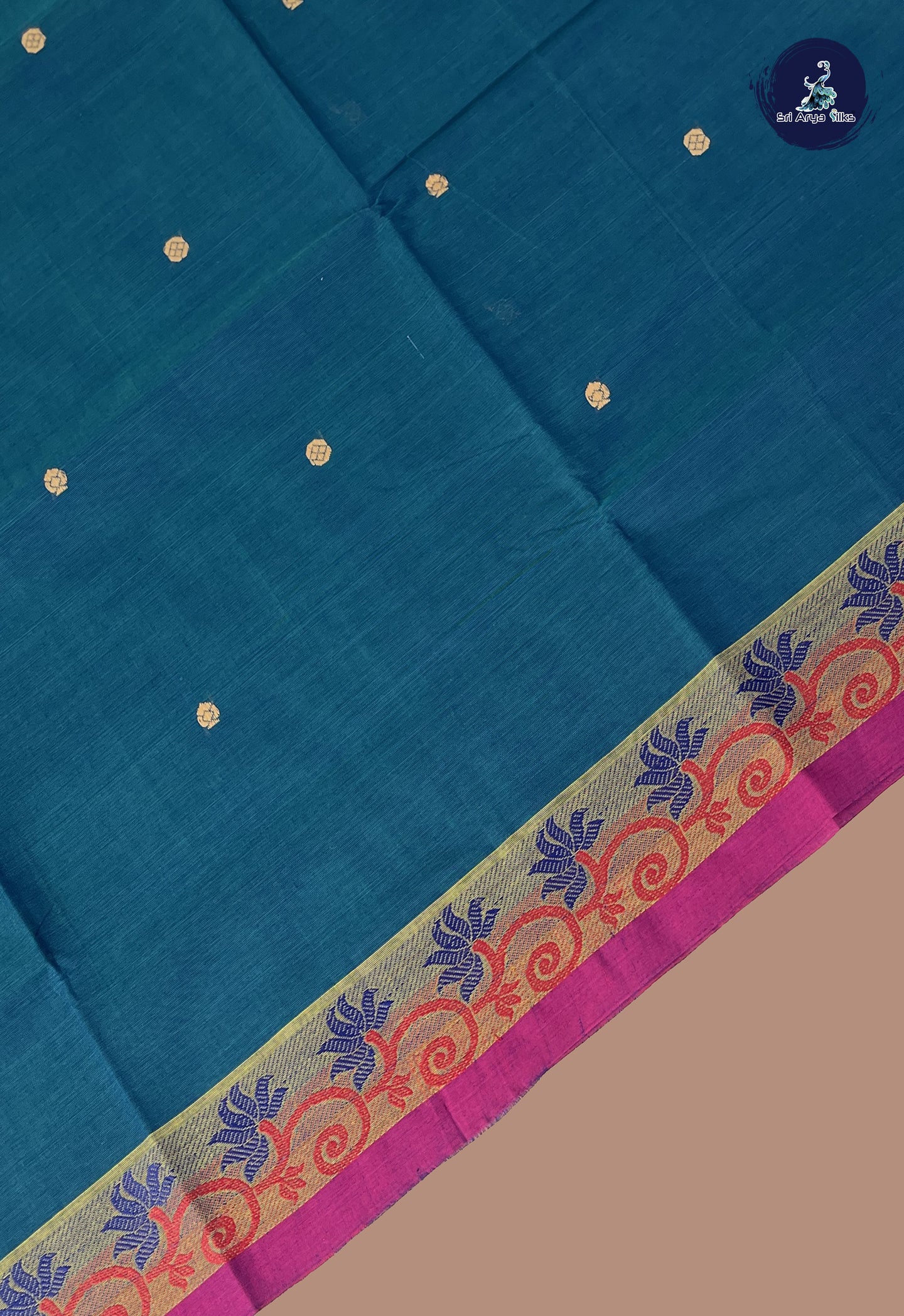 Sapphire Blue Chettinad Cotton Saree With Buttas Pattern