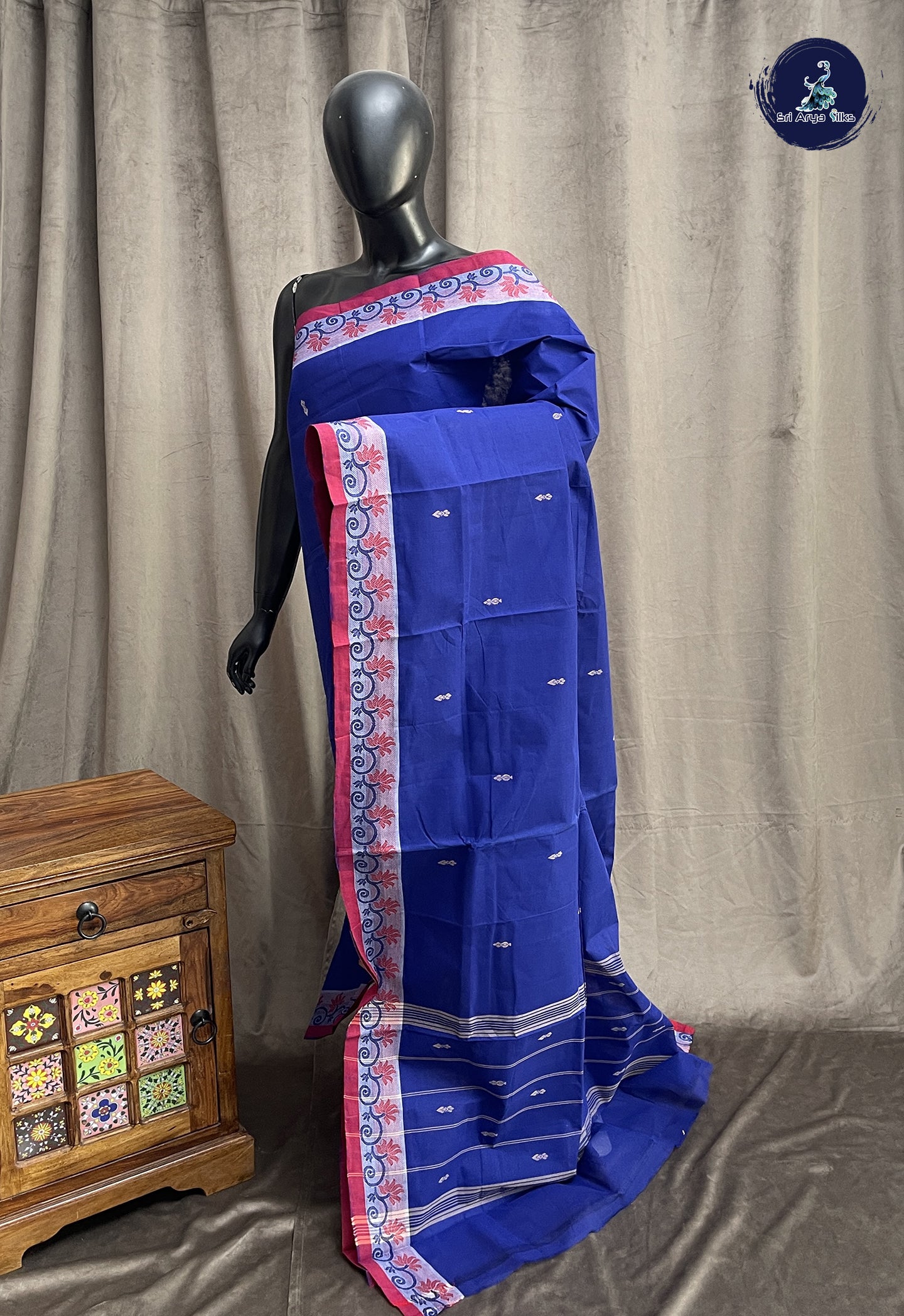 Dark Blue Chettinad Cotton Saree With Buttas Pattern