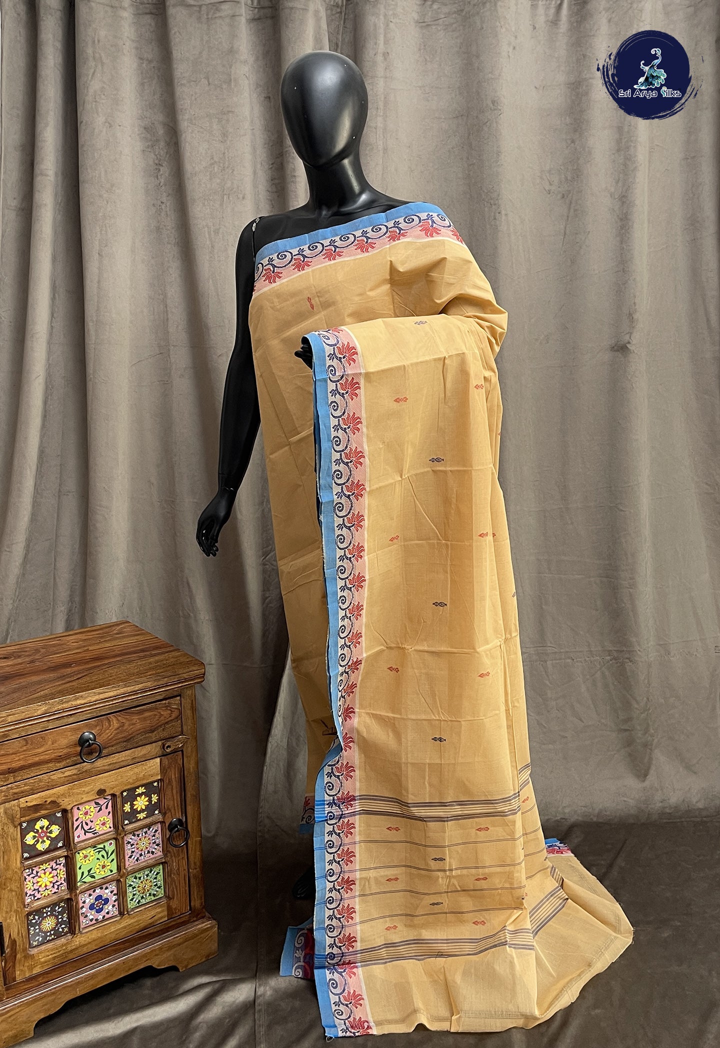Fawn Chettinad Cotton Saree With Buttas Pattern