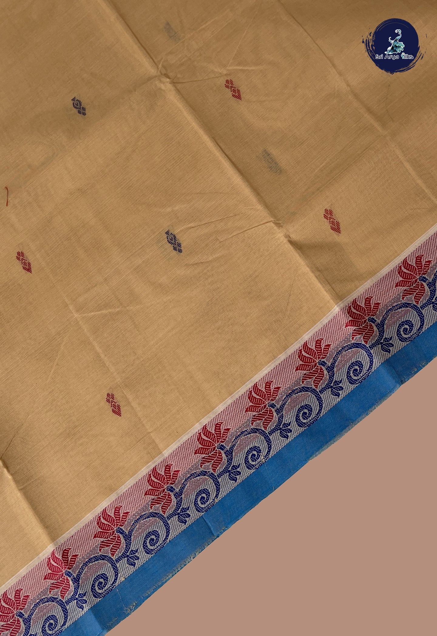 Fawn Chettinad Cotton Saree With Buttas Pattern
