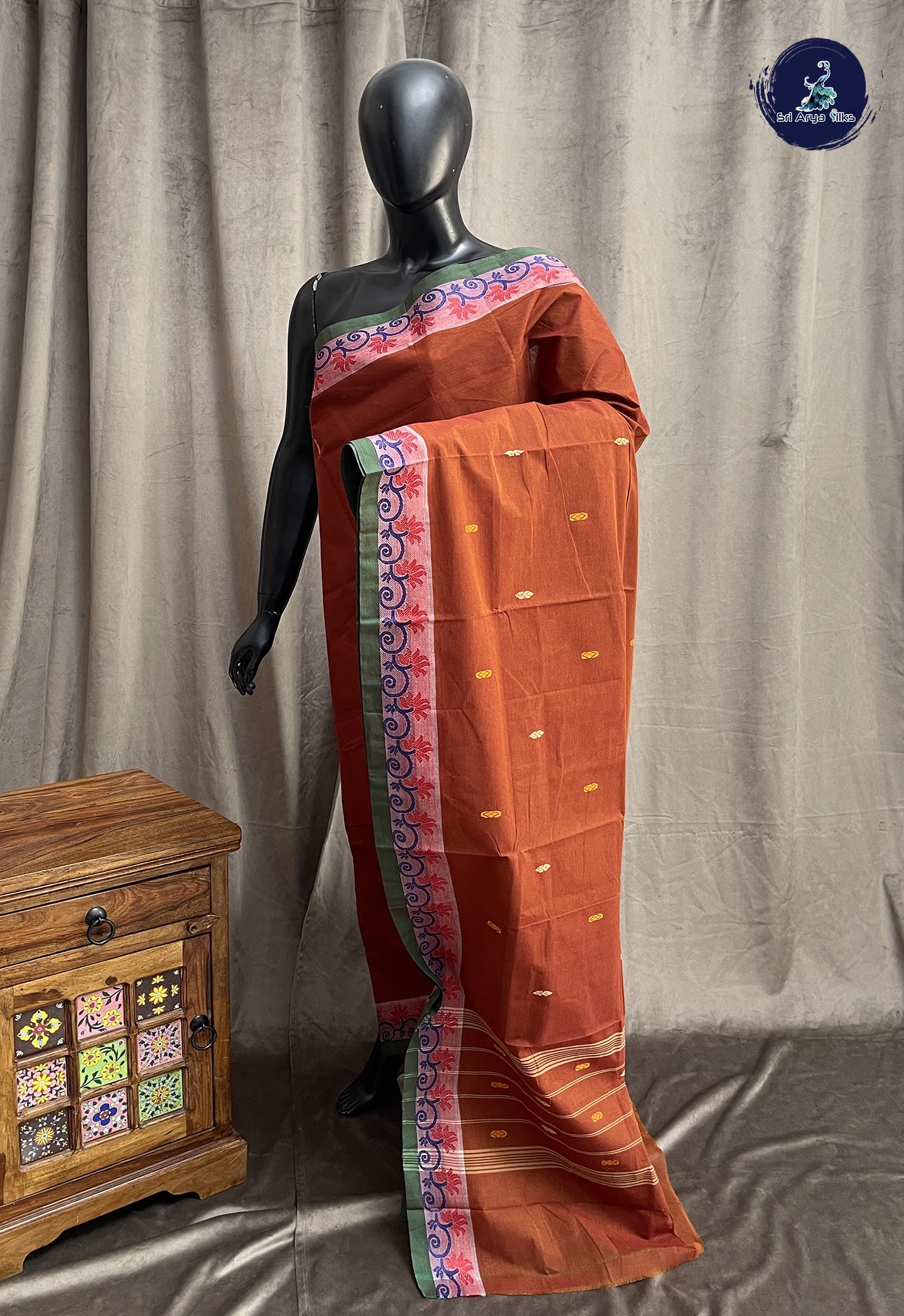 Brown Chettinad Cotton Saree With Buttas Pattern