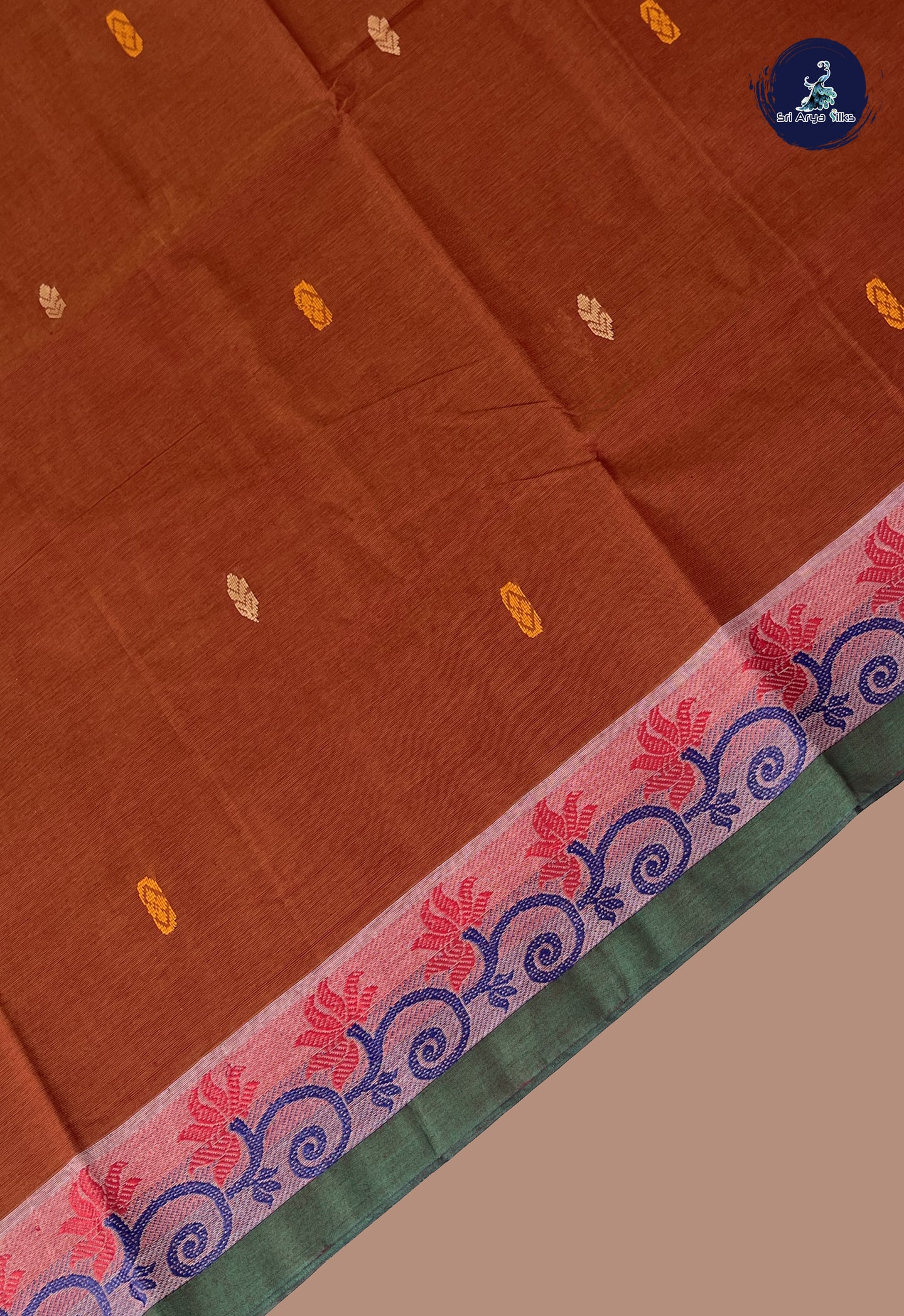Brown Chettinad Cotton Saree With Buttas Pattern
