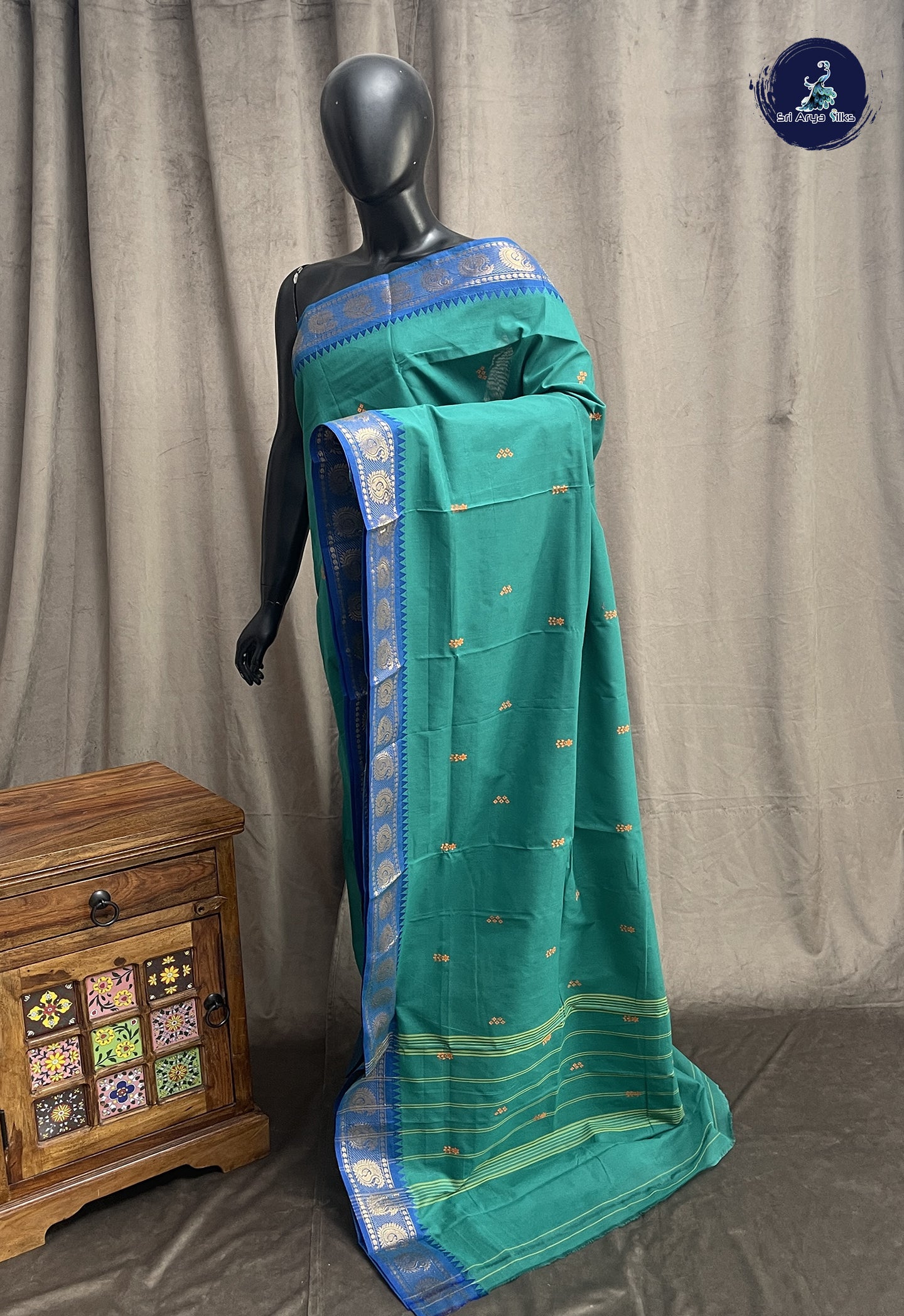 Teal Chettinad Cotton Saree With Buttas Pattern