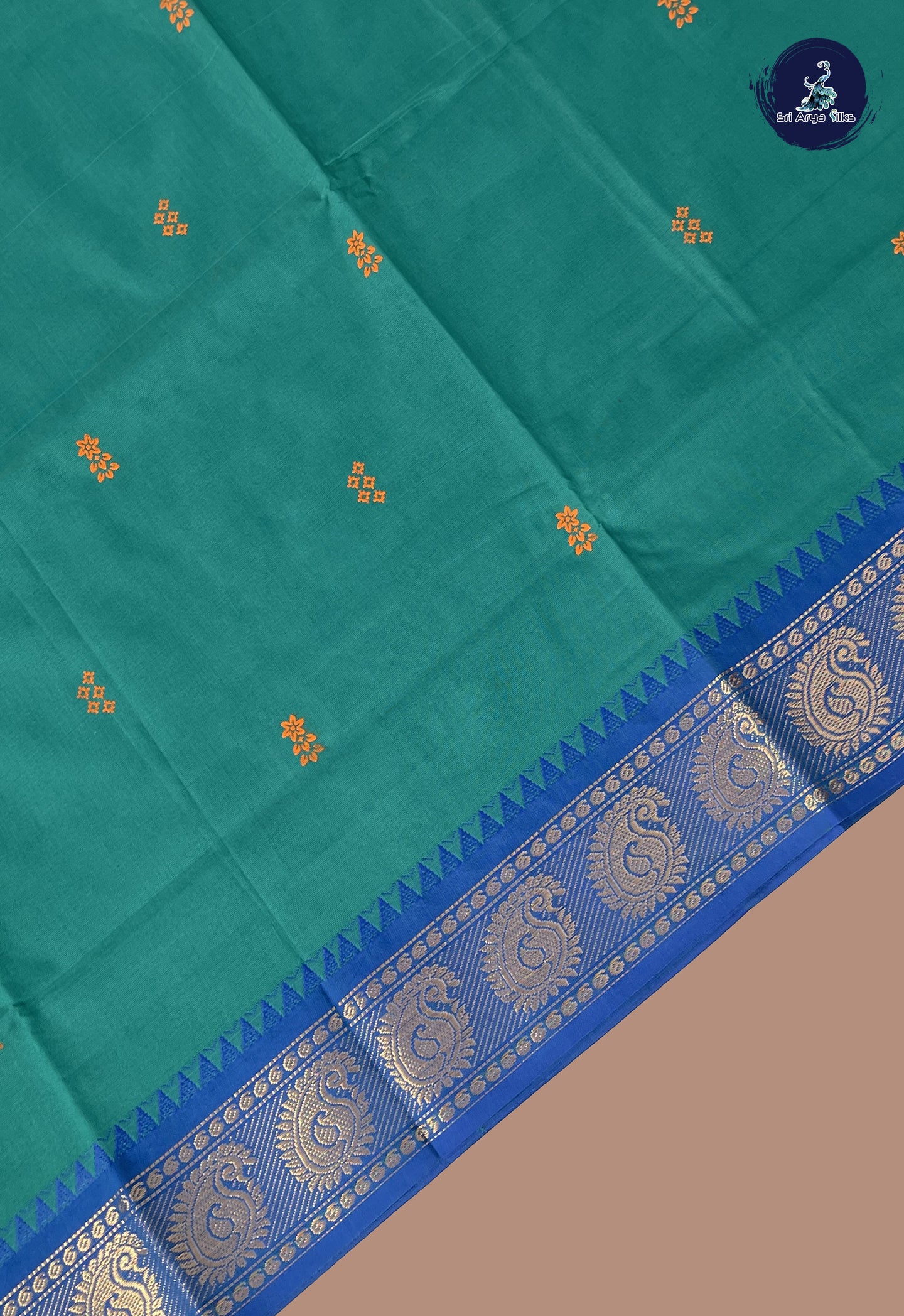 Teal Chettinad Cotton Saree With Buttas Pattern