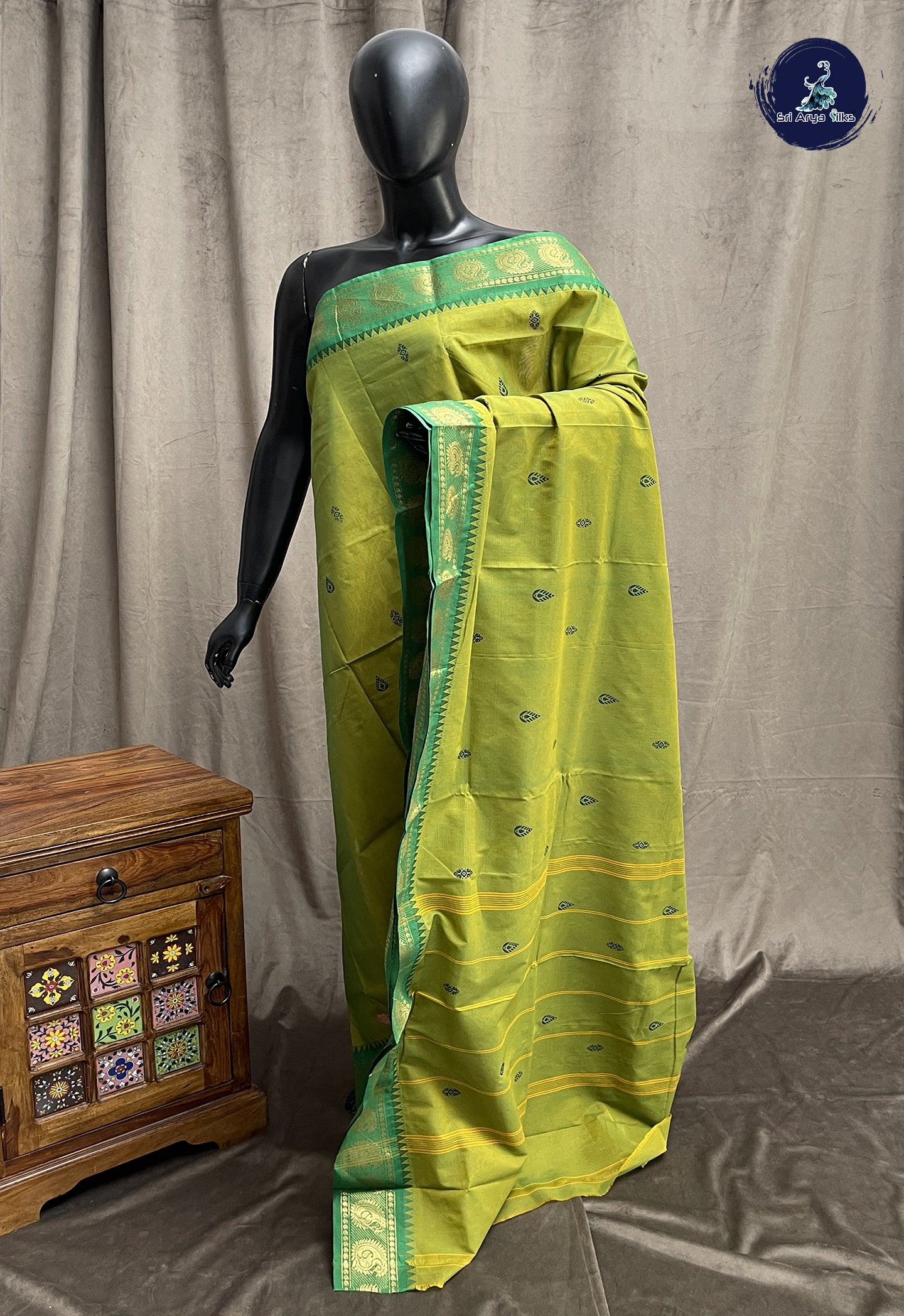 Green Chettinad Cotton Saree With Buttas Pattern