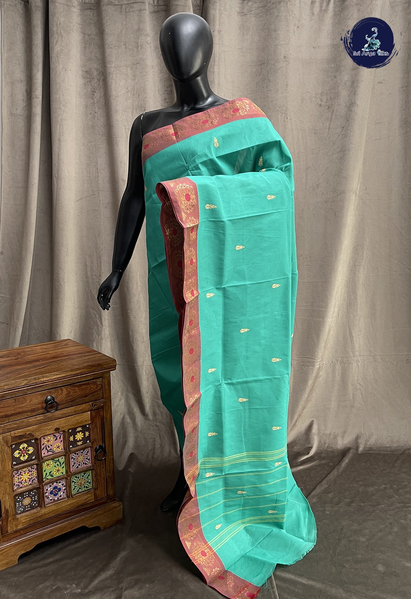 Green Chettinad Cotton Saree With Buttas Pattern