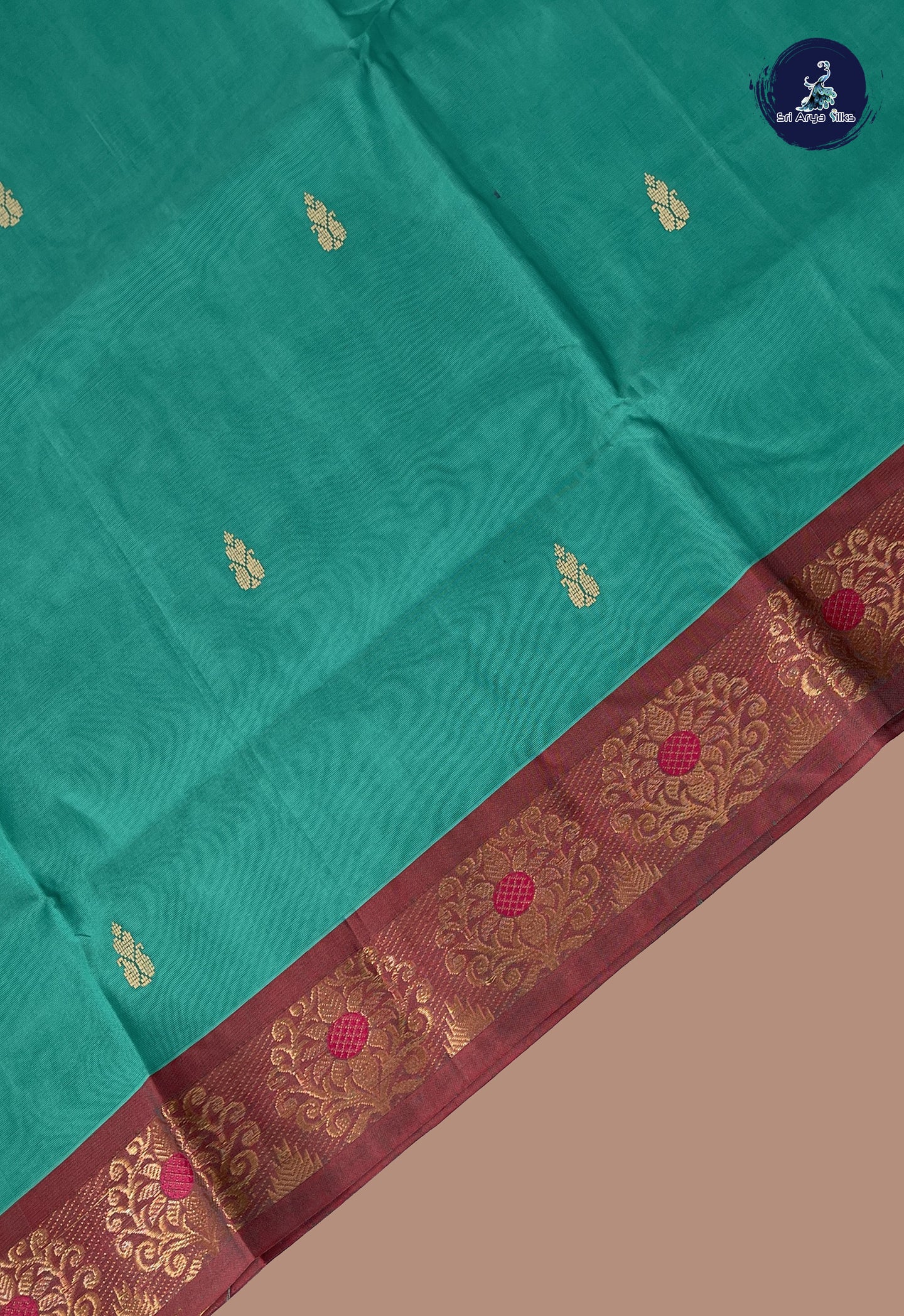 Green Chettinad Cotton Saree With Buttas Pattern