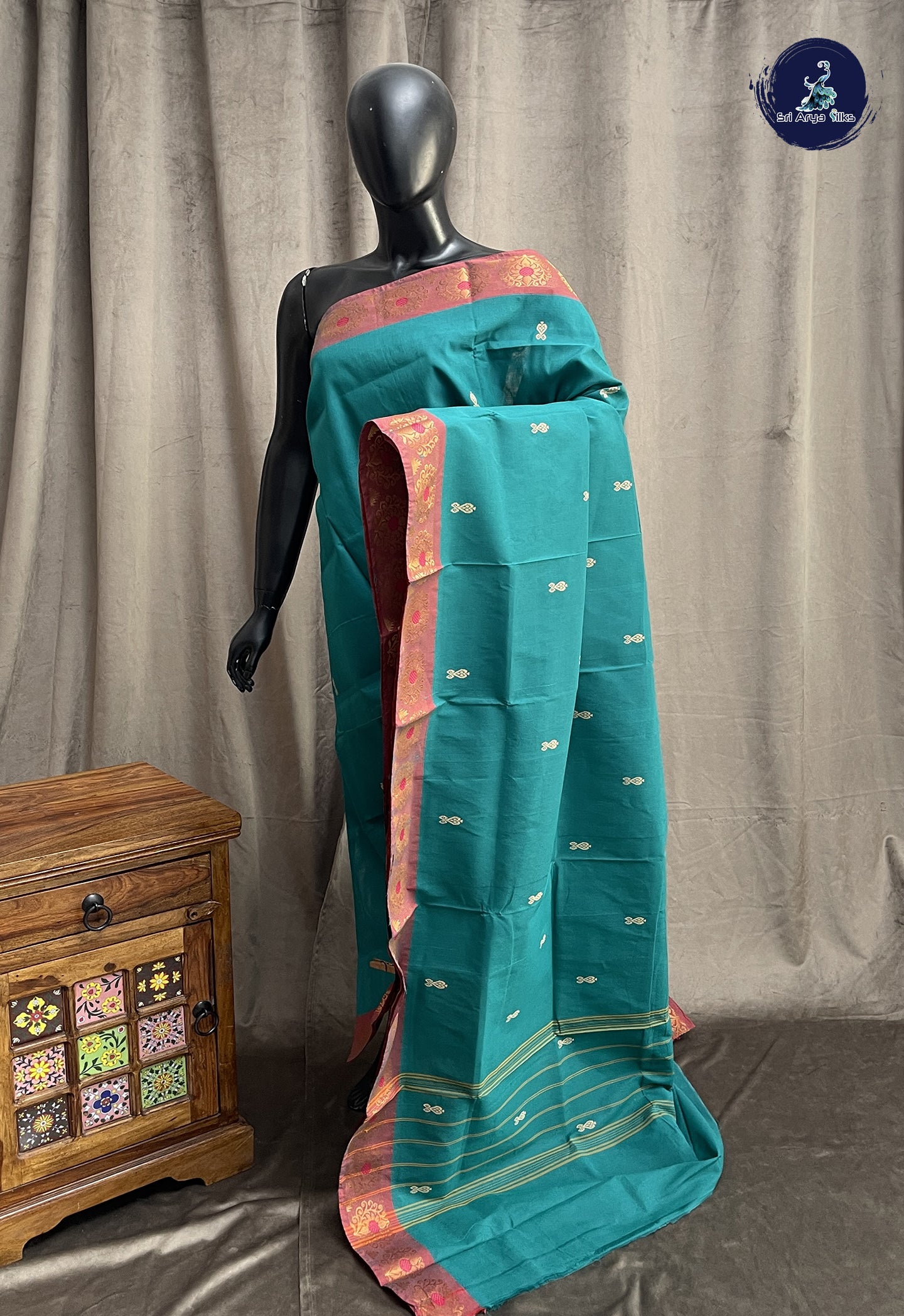 Teal Chettinad Cotton Saree With Buttas Pattern