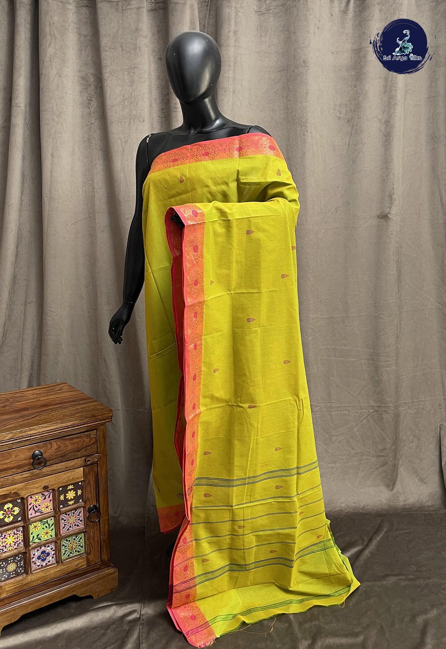 Yellowish Green Chettinad Cotton Saree With Buttas Pattern