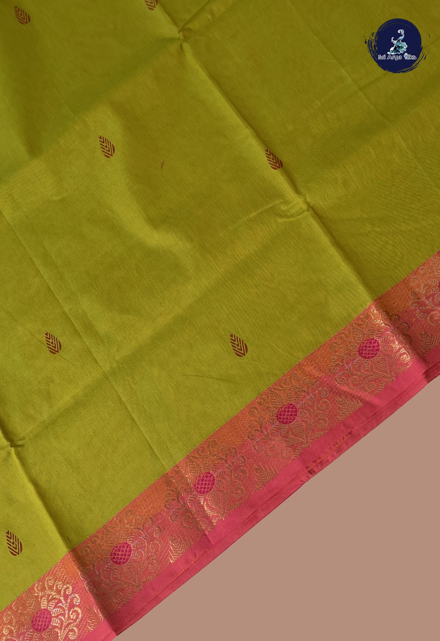 Yellowish Green Chettinad Cotton Saree With Buttas Pattern