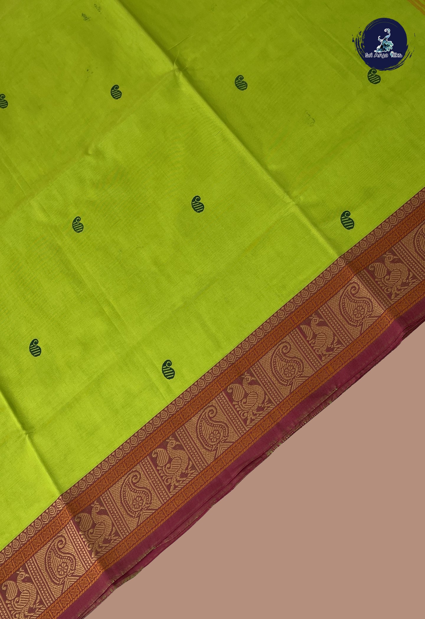 Light Green Chettinad Cotton Saree With Buttas Pattern