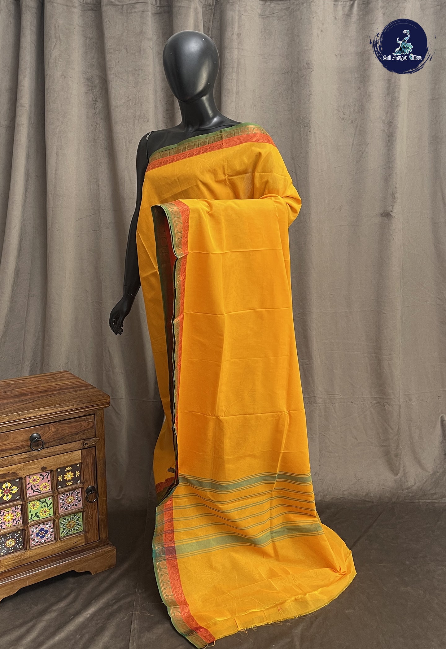 Yellow Chettinad Cotton Saree With Plain Pattern