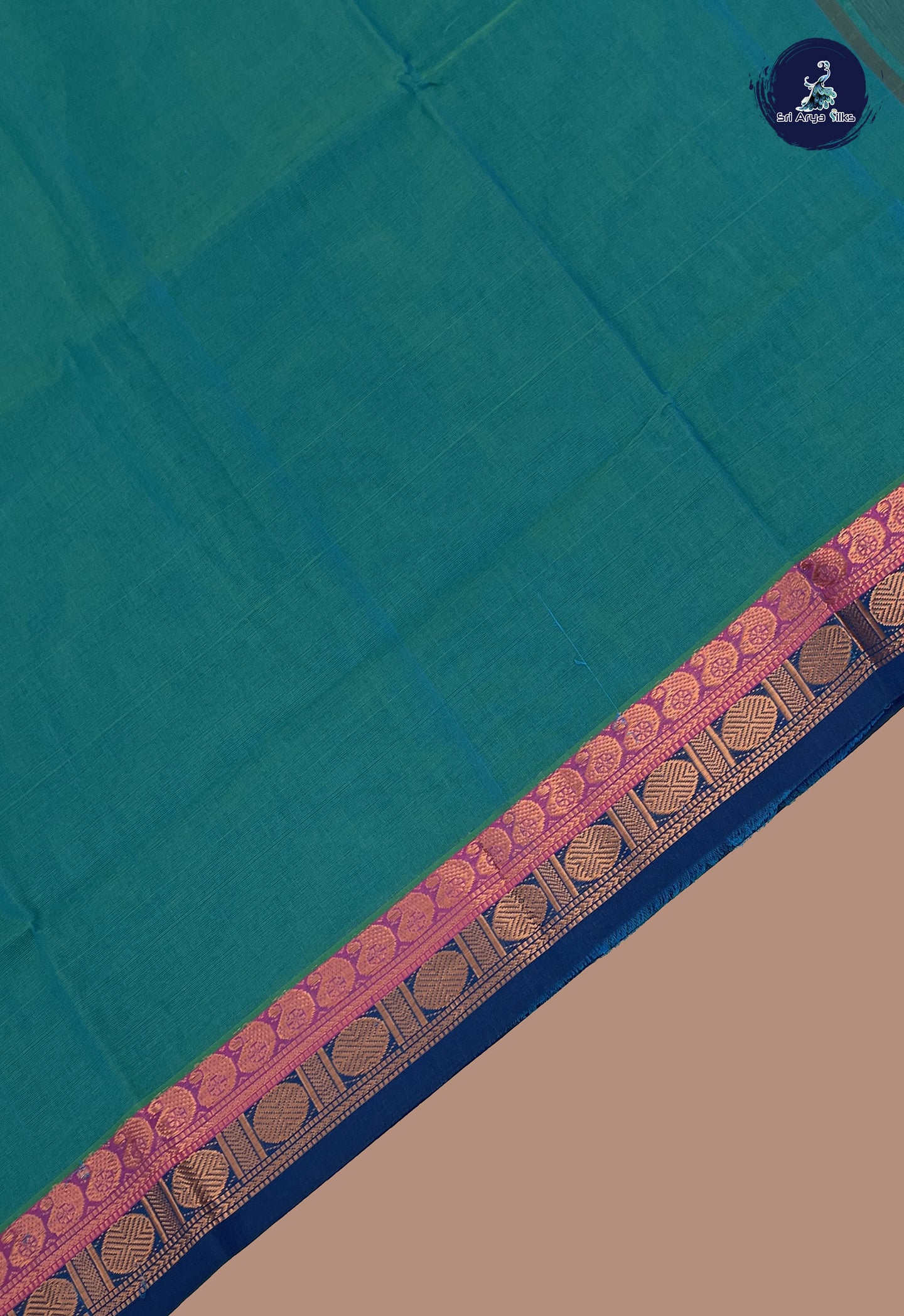 Teal Chettinad Cotton Saree With Plain Pattern