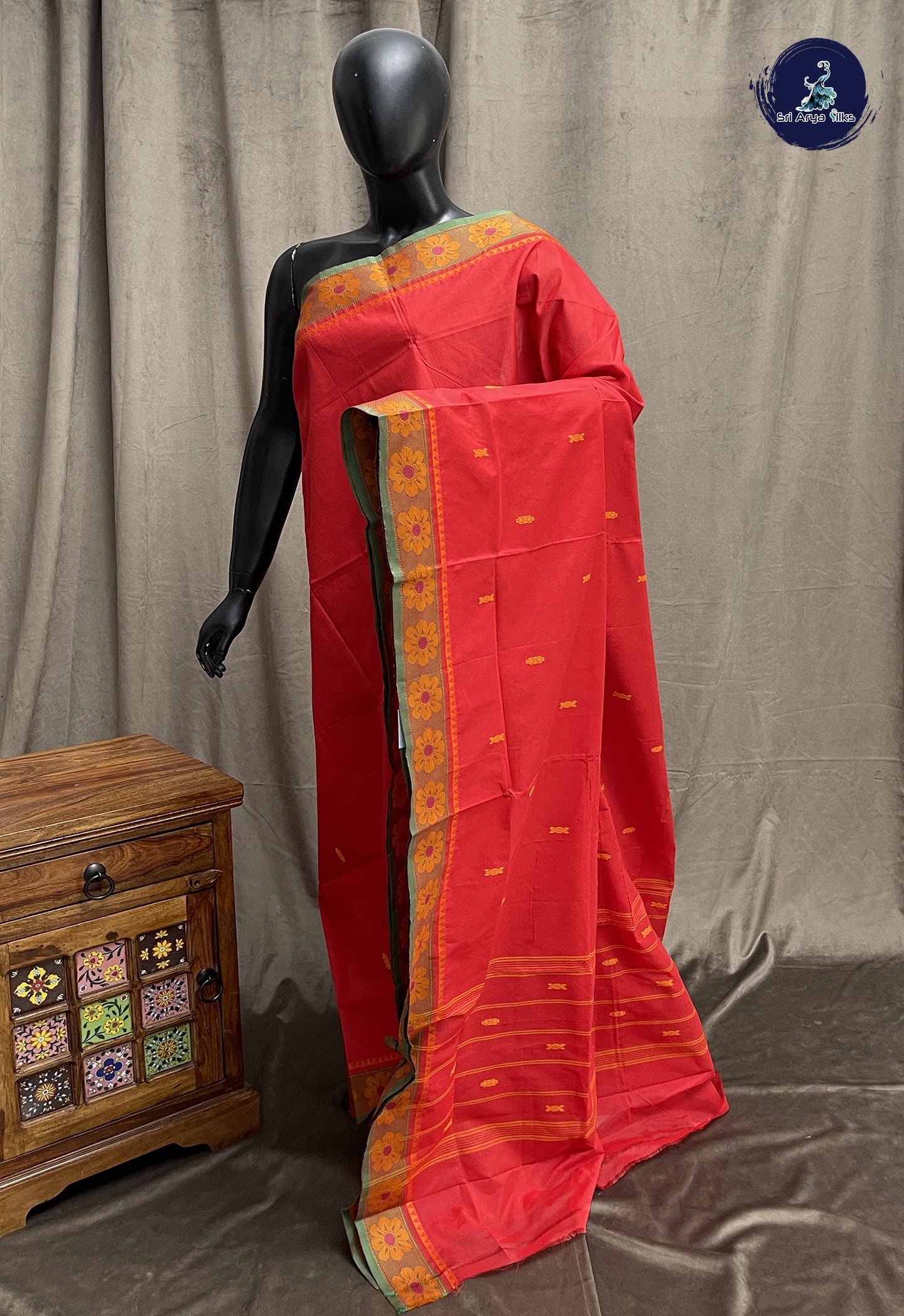 Reddish Orange Chettinad Cotton Saree With Buttas Pattern