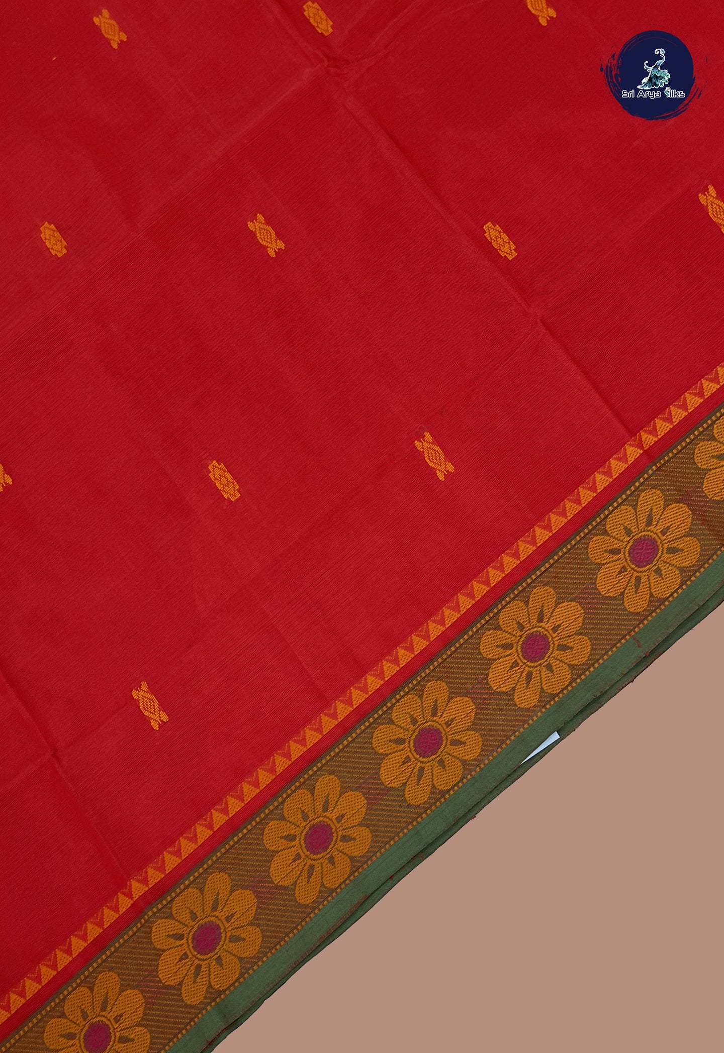 Reddish Orange Chettinad Cotton Saree With Buttas Pattern