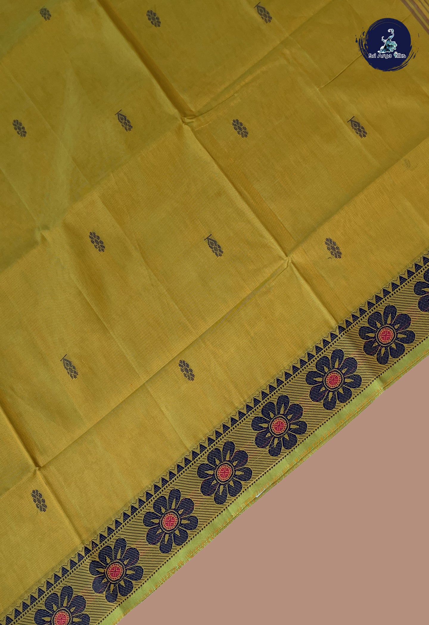 Yellowish Green Chettinad Cotton Saree With Buttas Pattern