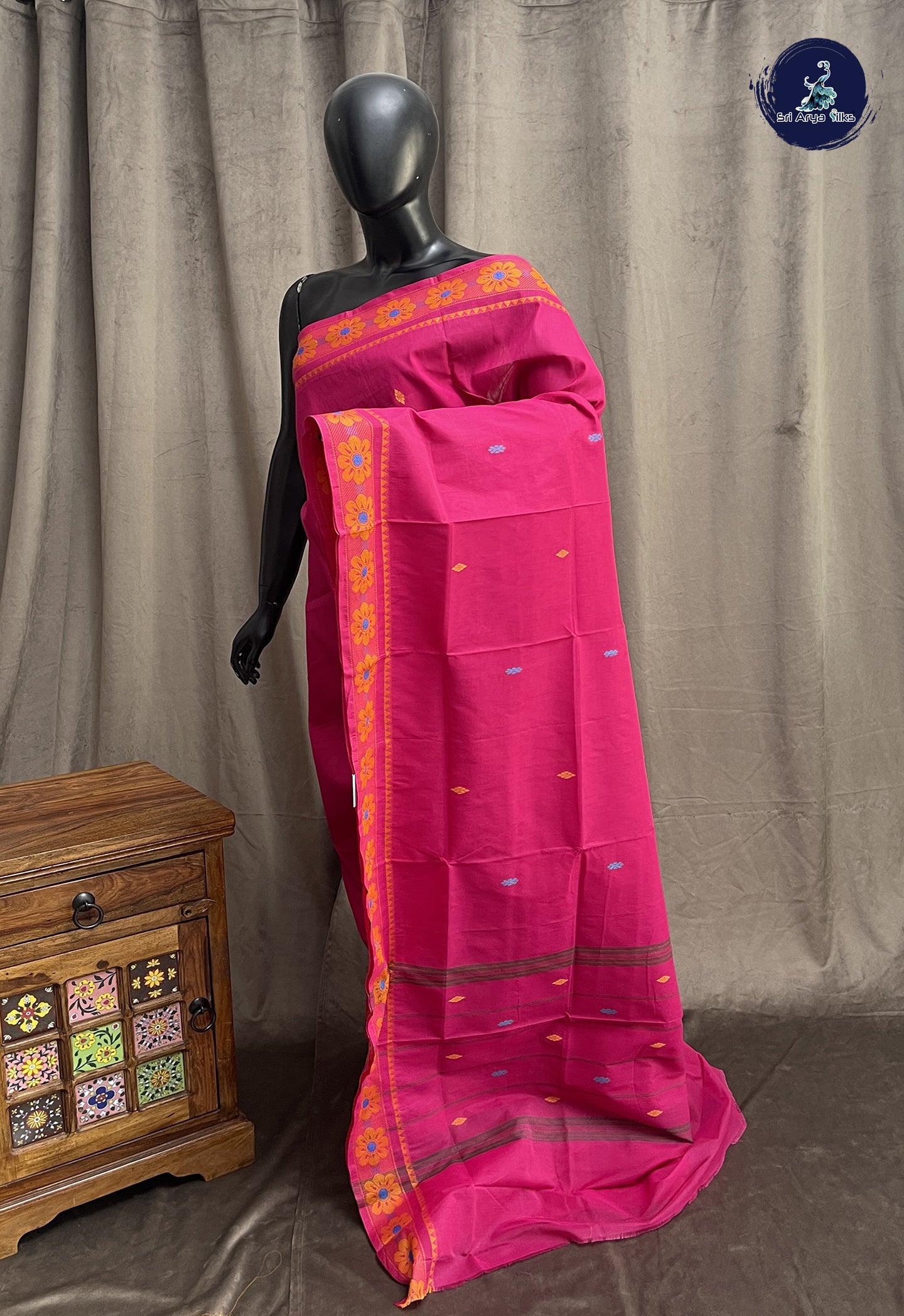 Pink Chettinad Cotton Saree With Buttas Pattern