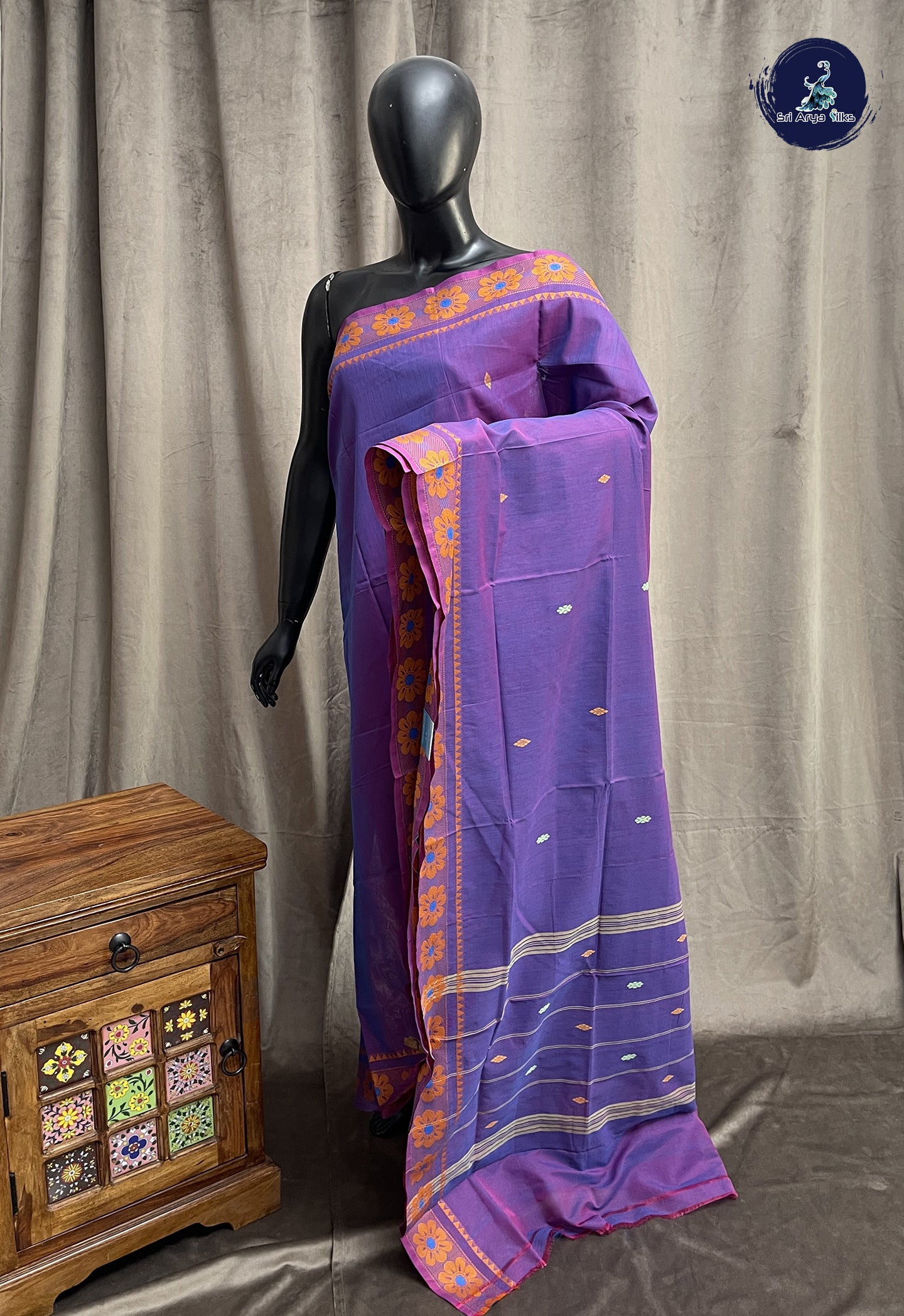 Dual Tone Purple Chettinad Cotton Saree With Buttas Pattern